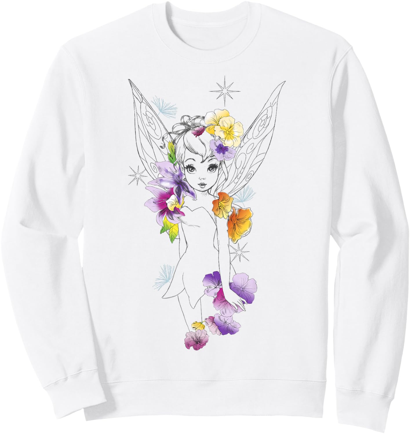 Disney Peter Pan Tinker Bell Outline Floral Sketch Portrait Sweatshirt - Sweatshirt | White