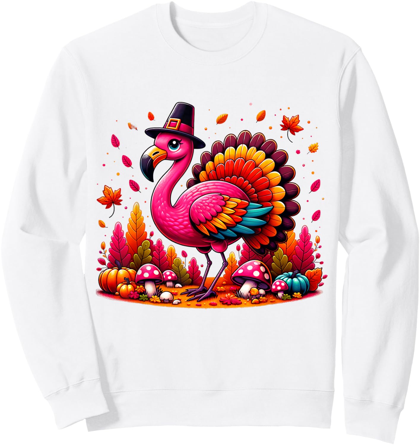 Flamingo Turkey Cute Flamingo Turkey Fall Leaf Thanksgiving Sweatshirt - Sweatshirt | White