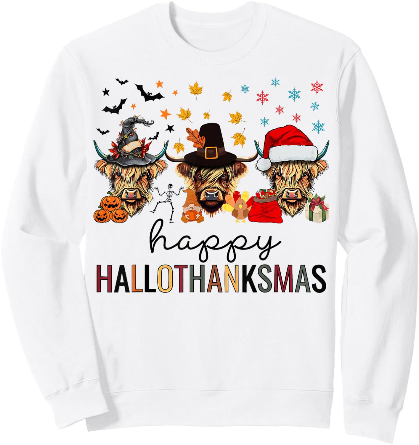 Happy Hallothanksmas Highland Cow Halloween Christmas Sweatshirt - Sweatshirt | White