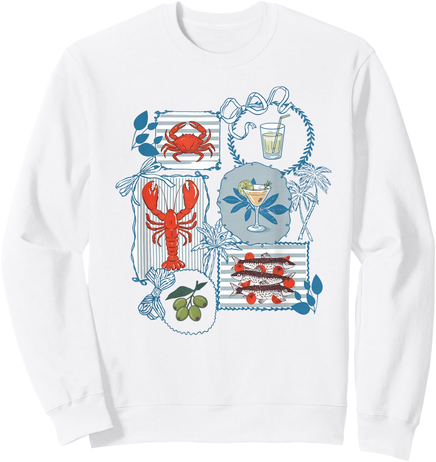 Aesthetic Italian Summer Coastal Chic Lobster Crab Sardines Sweatshirt - Sweatshirt | White
