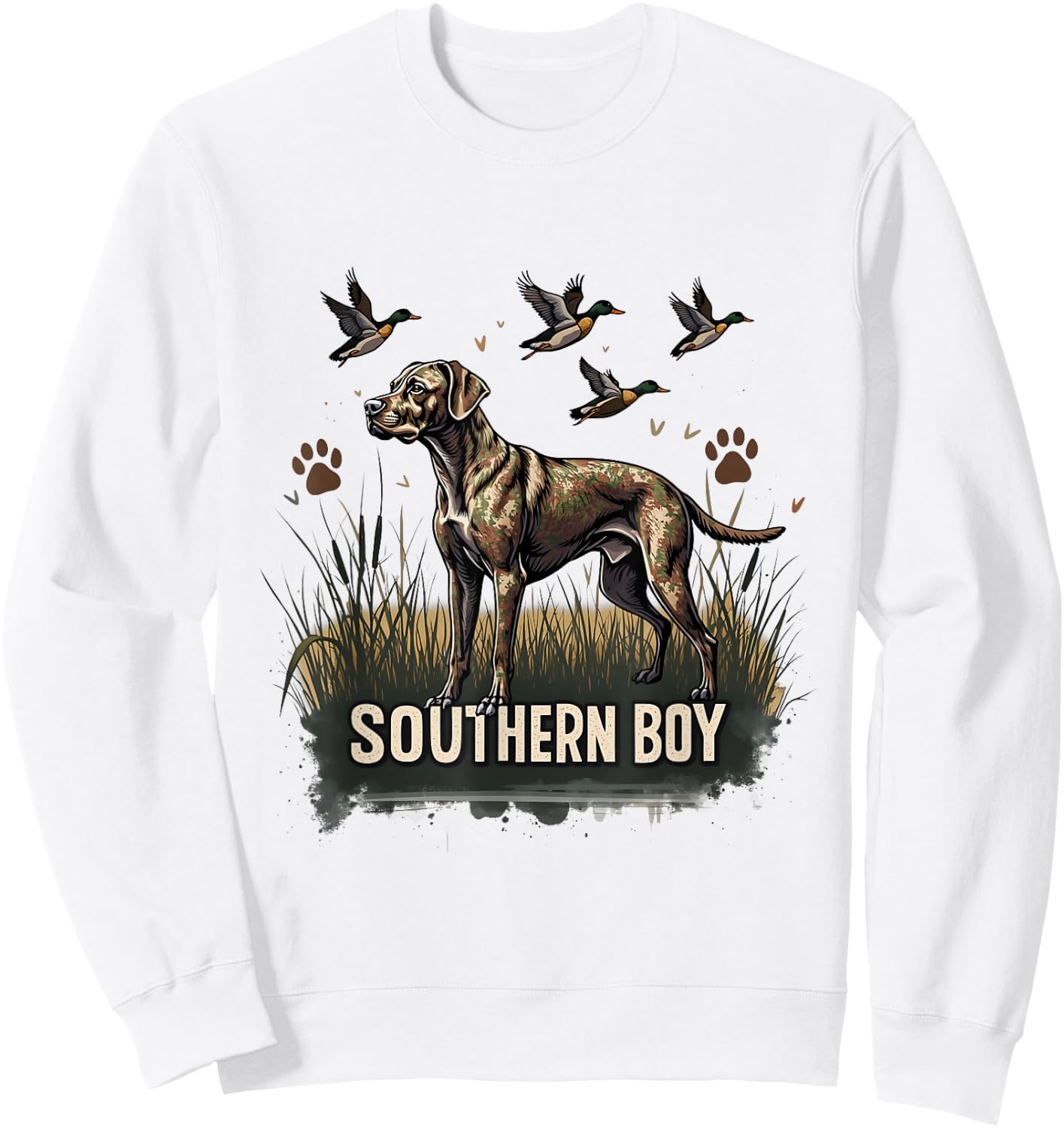 Retro Southern Boy Hunting Dog Waterfowl Dog Lovers Graphic Sweatshirt - Sweatshirt | White
