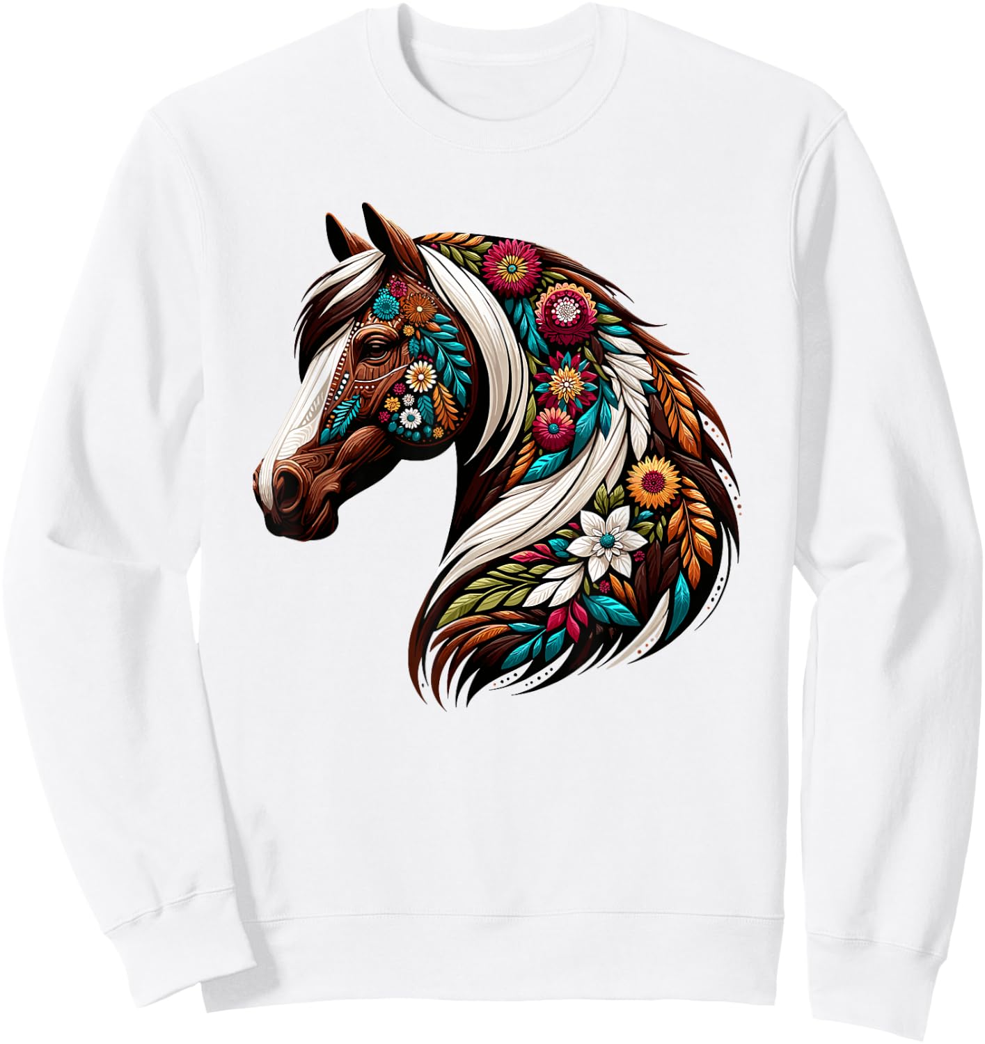 Equestrian Horse Riding, Western Horseback, Horse Flower Sweatshirt - Sweatshirt | White