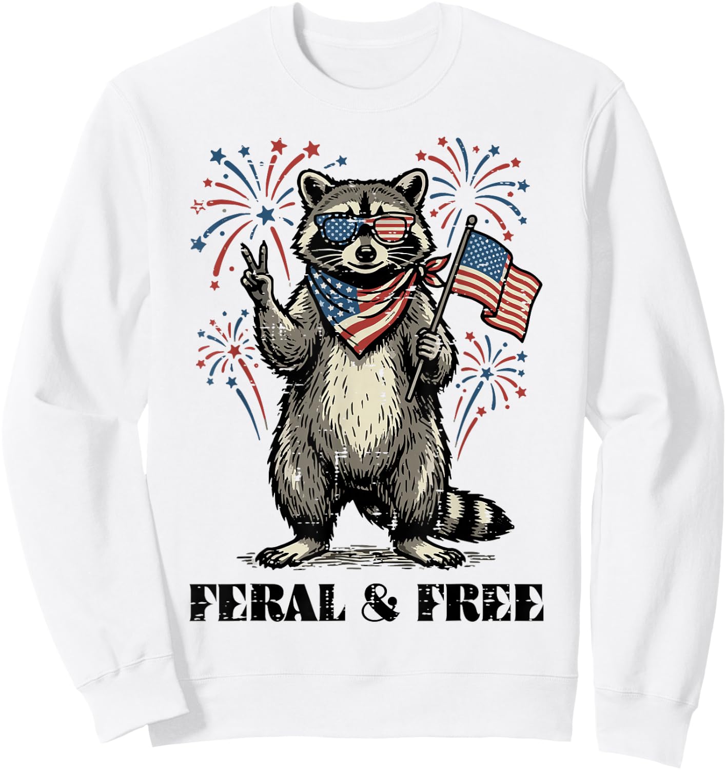 Raccoon Feral and Free US Flag 4th of July Men Women Kids Sweatshirt - Sweatshirt | White