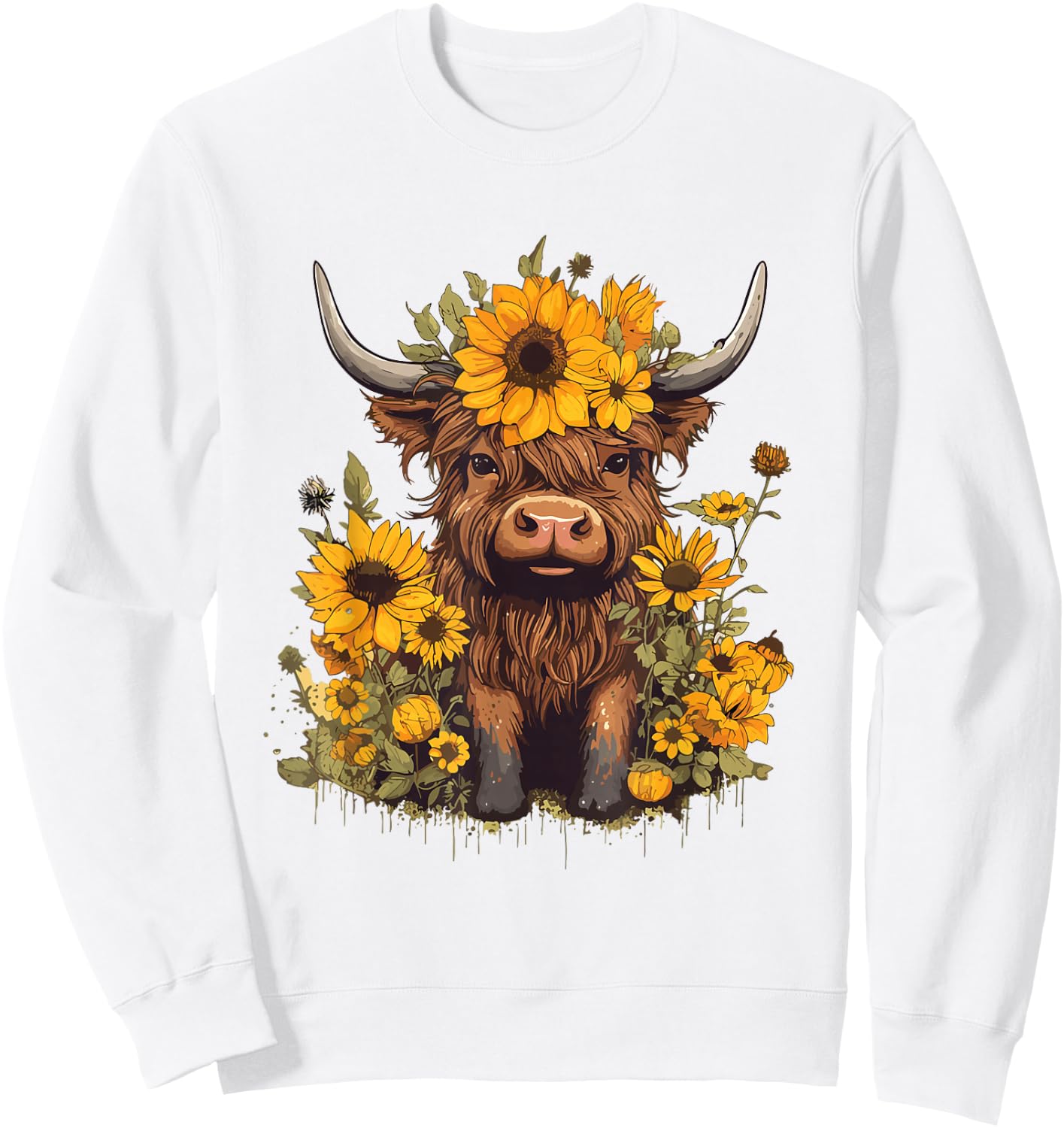 Scottish Highland Cow Sunflowers Heifer Country Farmer Girl Sweatshirt - Sweatshirt | White