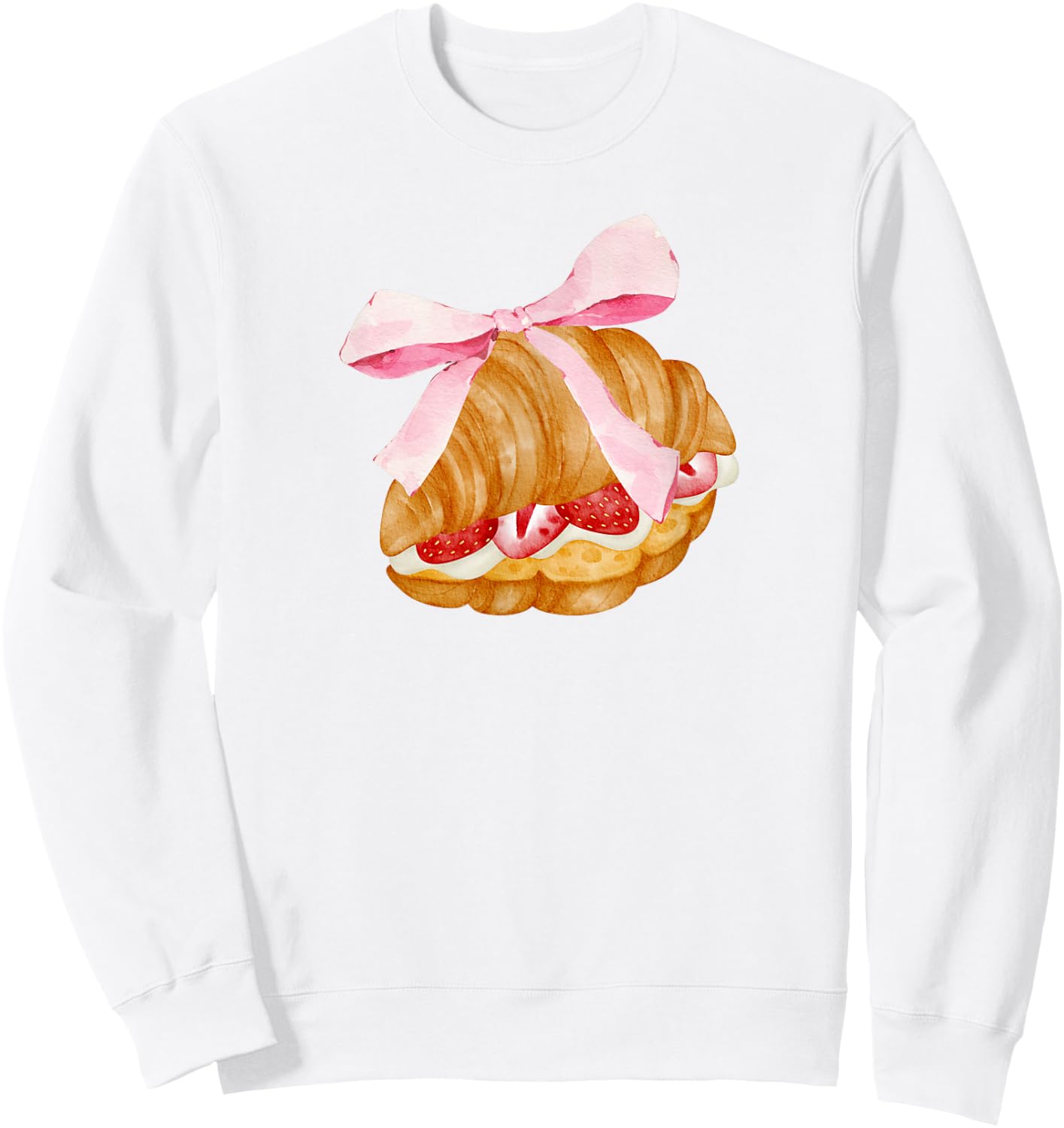 Strawberry croissant with pink bow and flirtatious , white, S Sweatshirt - Sweatshirt | White