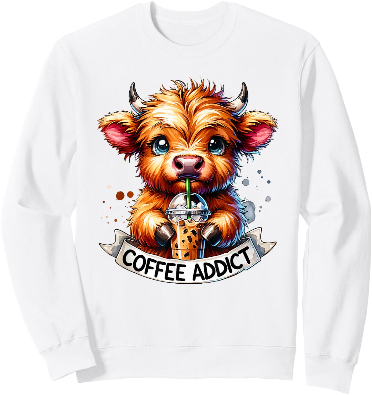 Cute Highland Cow Coffee Addict Sweatshirt - Sweatshirt | White