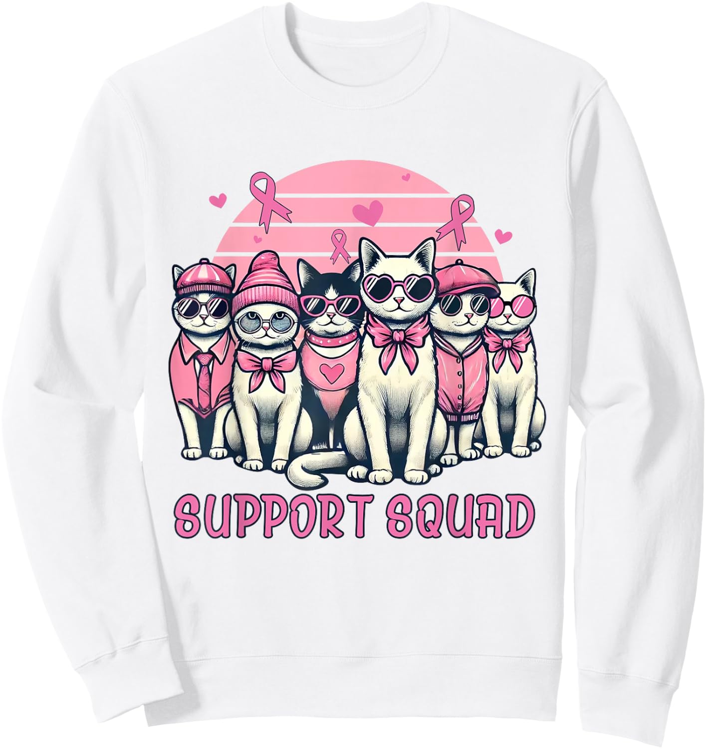 Support Squad Breast Cancer Women Cat Lover Pink Ribbon Sweatshirt - Sweatshirt | White