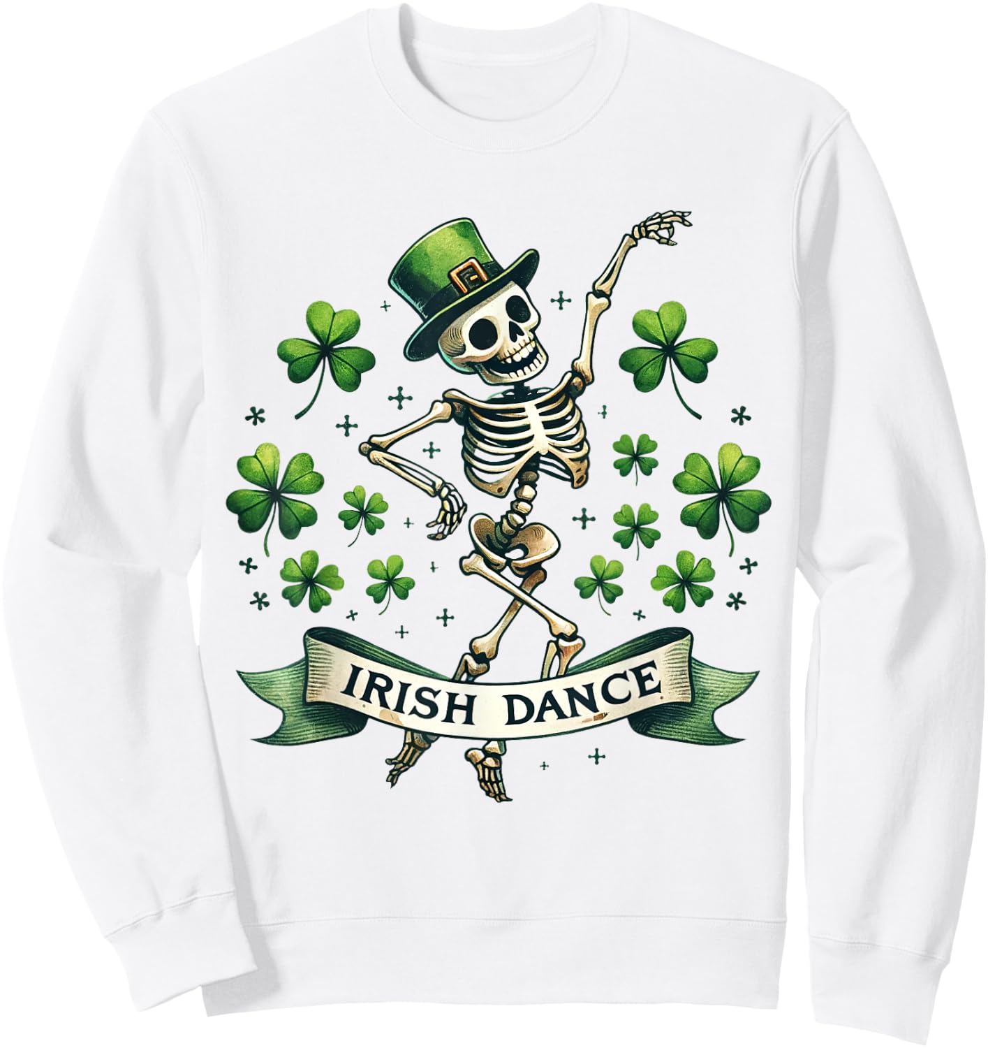 Irish Dance Skeleton Dancing Clover Funny Vintage Sweatshirt - Sweatshirt | White