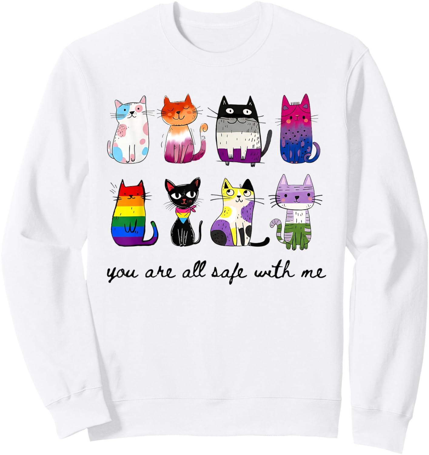 You are All Safe with Me Inclusive Pride Multi Flag LGBT Cat Sweatshirt - Sweatshirt | White