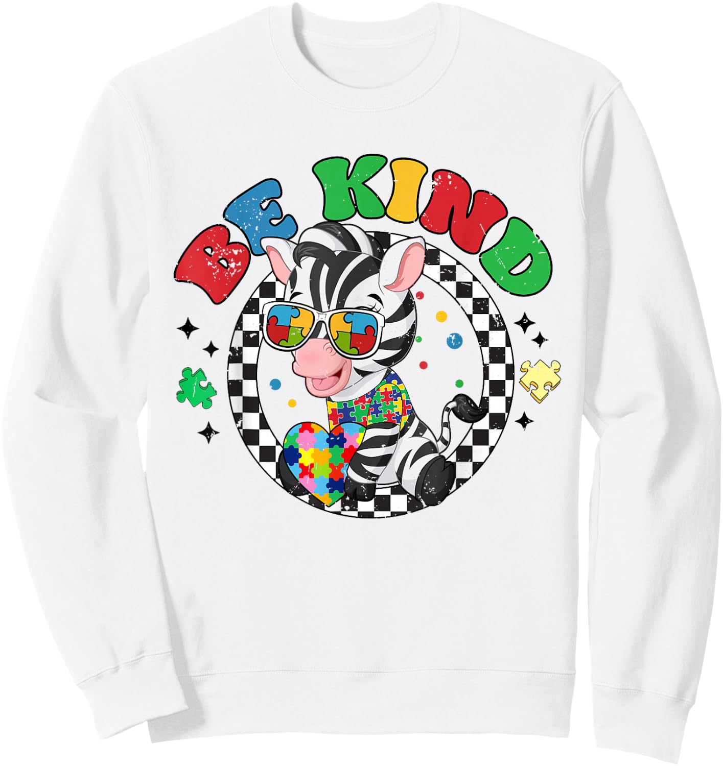 Retro Groovy Be Kind Zebra Sunglasses Autism Awareness Sweatshirt - Sweatshirt | White