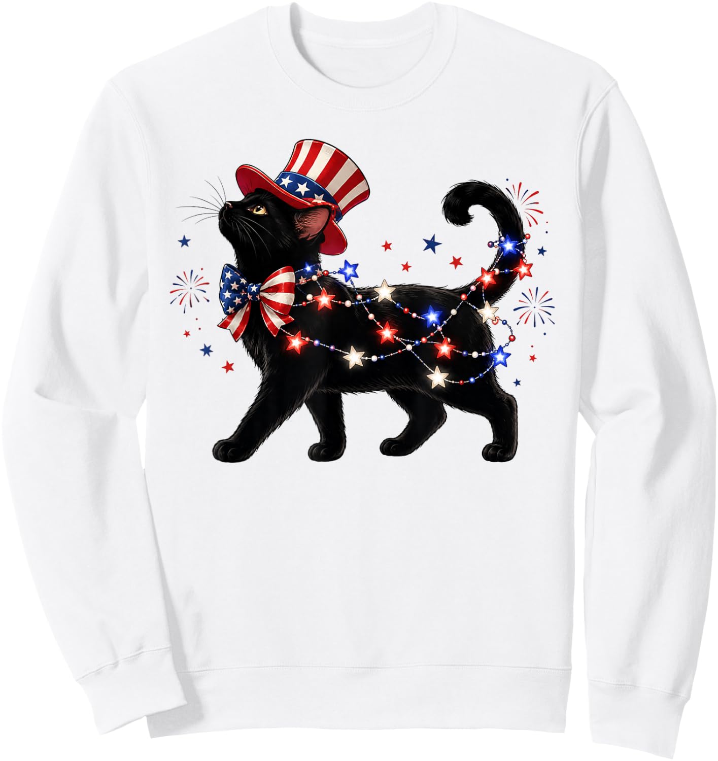 Patriotic Black Cat and Fireworks 4th of July Cat Lovers Sweatshirt - Sweatshirt | White