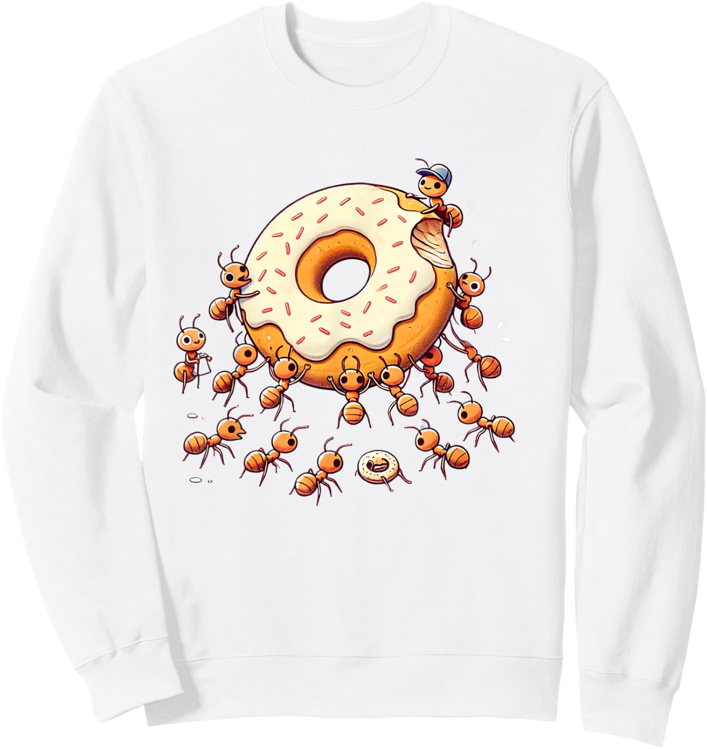 Cute Ants Carrying Giant Donut Funny Foodie Graphic Sweatshirt - Sweatshirt | White