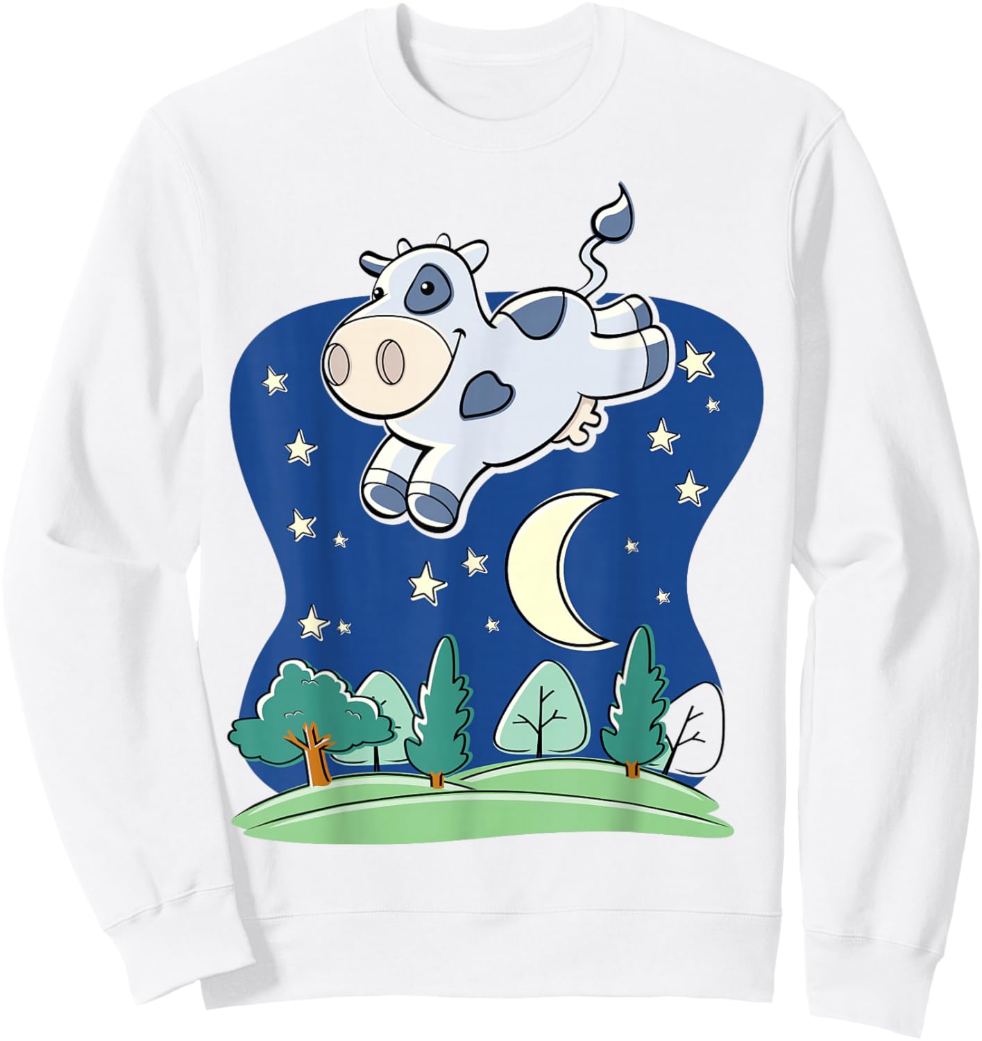Cow Jumped Over the Moon - Cartoon w Common Saying Sweatshirt - Sweatshirt | White