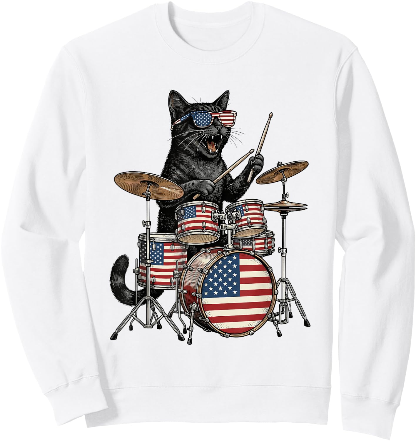Cat Playing Drums American Flag Drumset 4th of July Drummer Sweatshirt - Sweatshirt | White