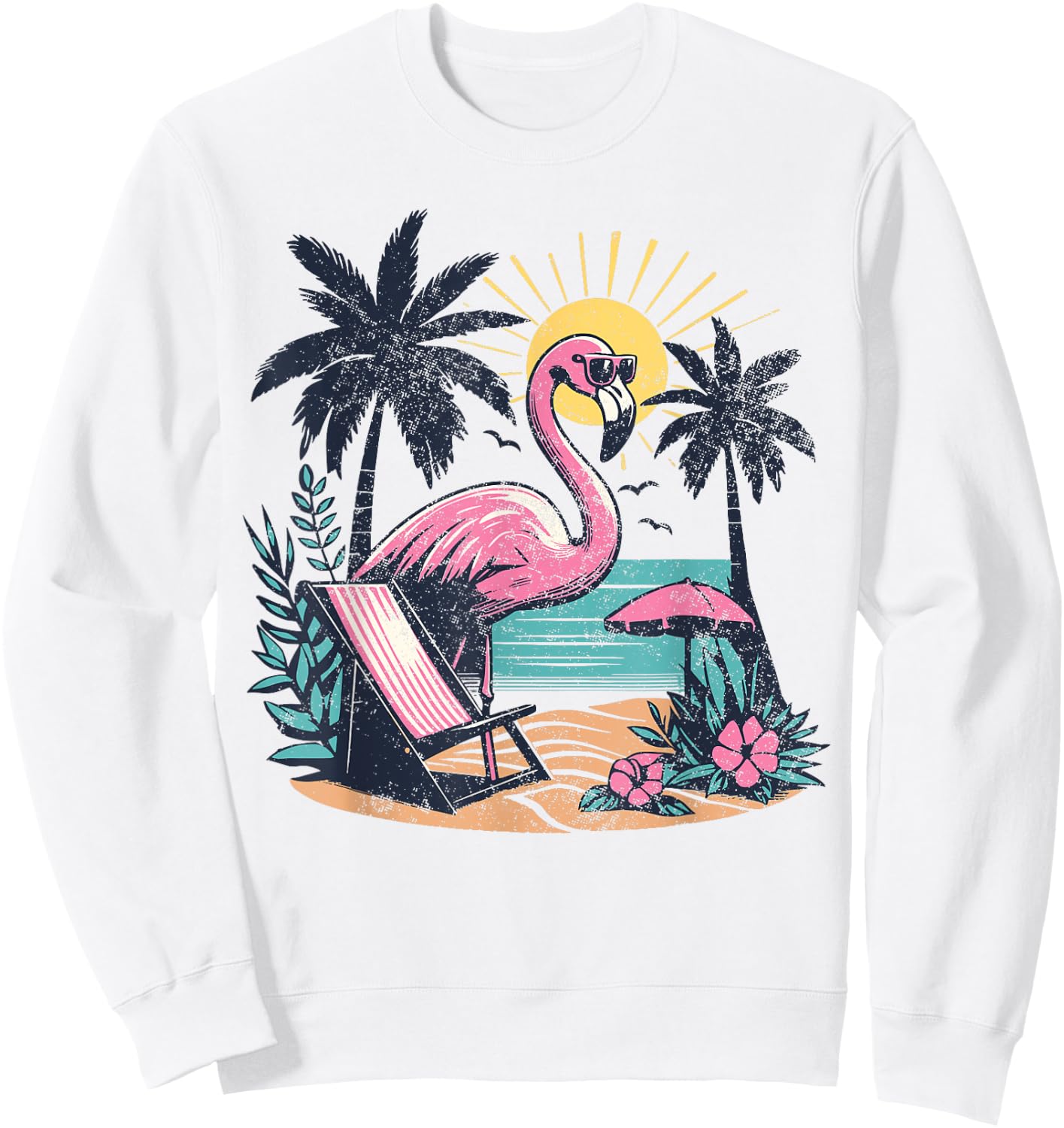 Flamingo Beach Palm Trees Tropical Summer Vacation Men Women Sweatshirt - Sweatshirt | White