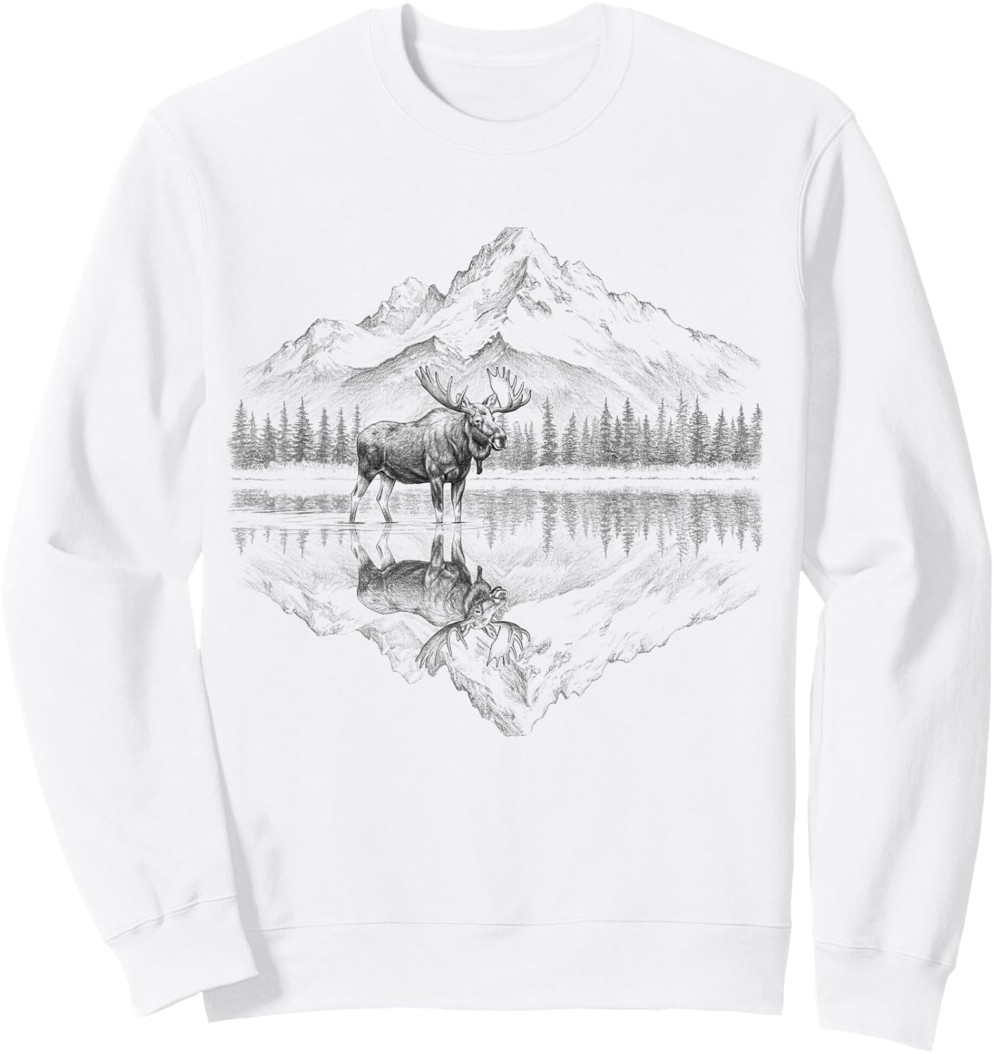 Moose and Mountain Reflection Nature Design Sweatshirt - Sweatshirt | White
