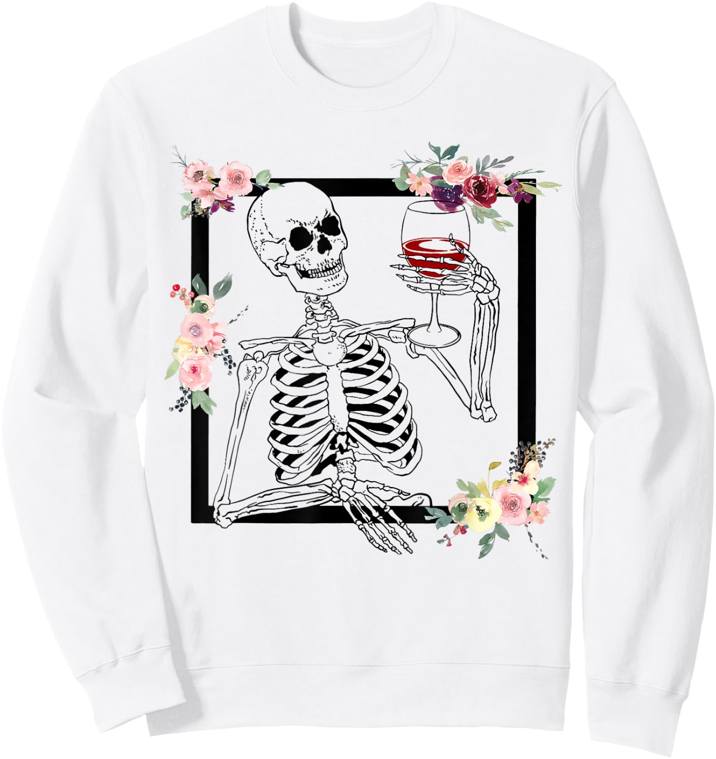 Halloween Funny Hallo-Wine Floral Skeleton Drinking Wine Sweatshirt - Sweatshirt | White