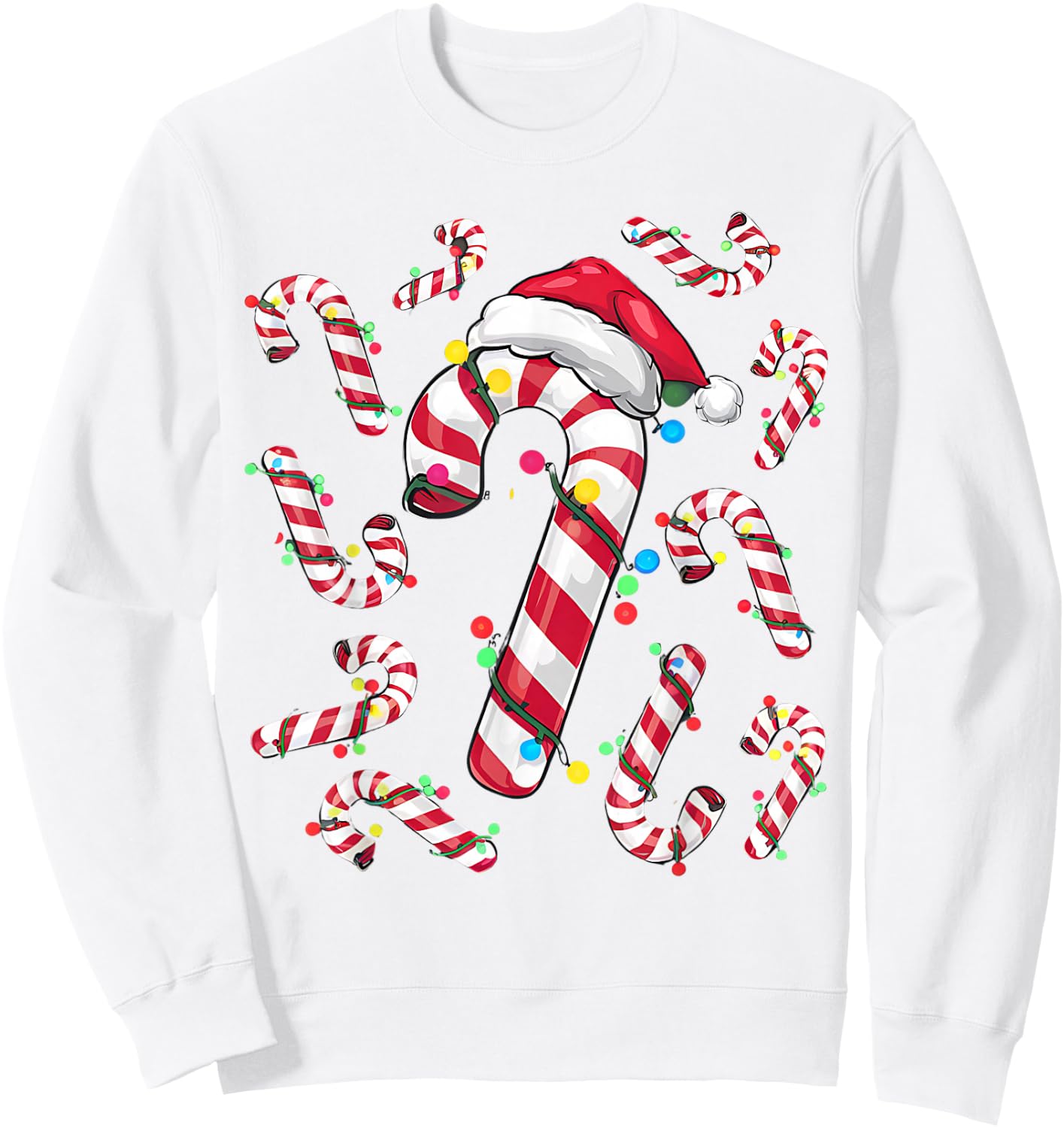 Cute Christmas Candy Cane Santa Hat and Christmas Lights Sweatshirt - Sweatshirt | White