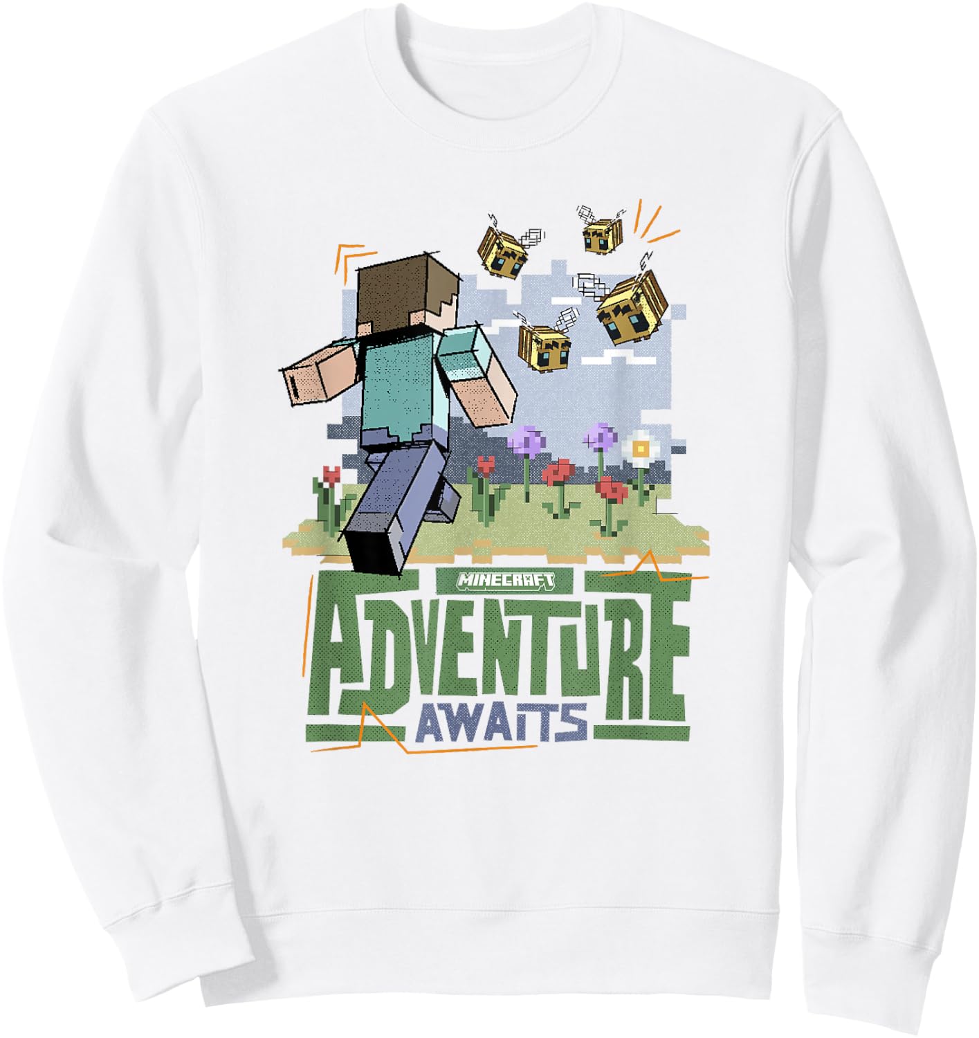 Minecraft Adventure Awaits Steve Running Through Field Sweatshirt - Sweatshirt | White