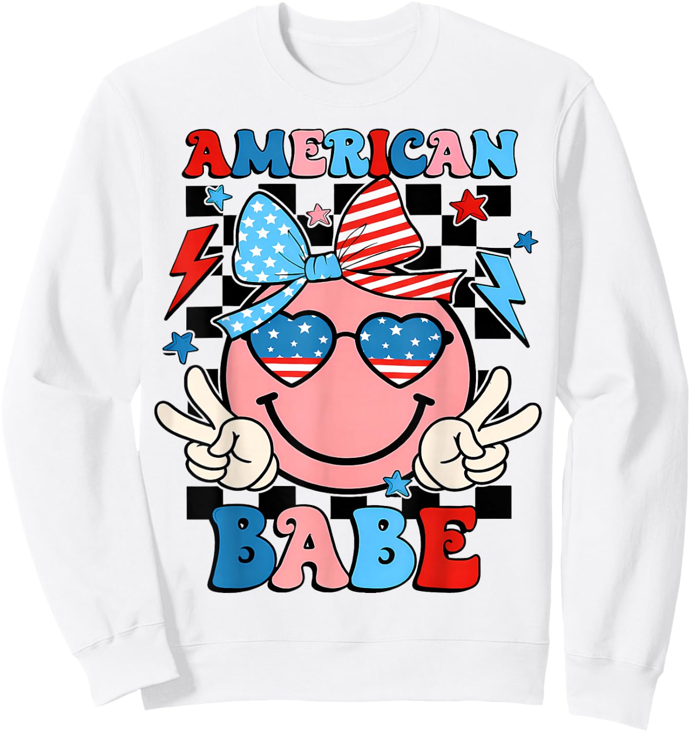Checkered American Dude US Flag Bow Girl 4th of July Sweatshirt - Sweatshirt | White