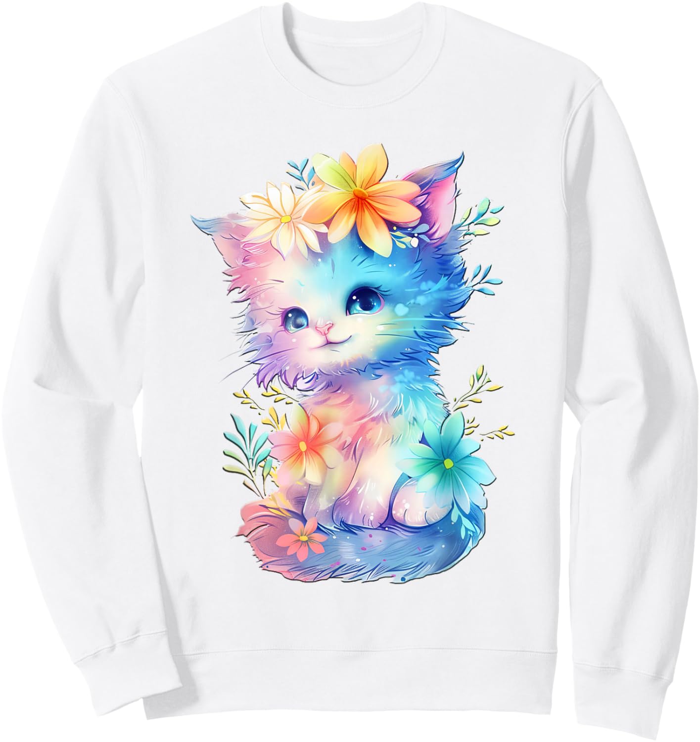Baby Cat with Flowers Cute Cats Kitten Girls Daughter , White Sweatshirt - Sweatshirt | White