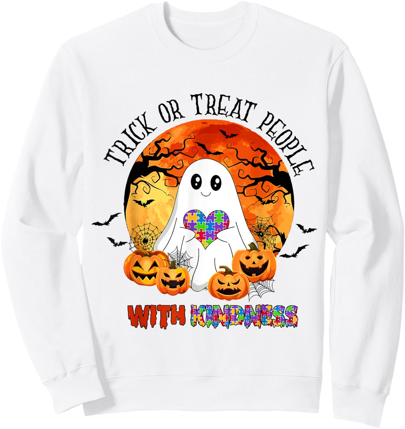 Trick or Treat People With Kindness Halloween Autism Sweatshirt - Sweatshirt | White
