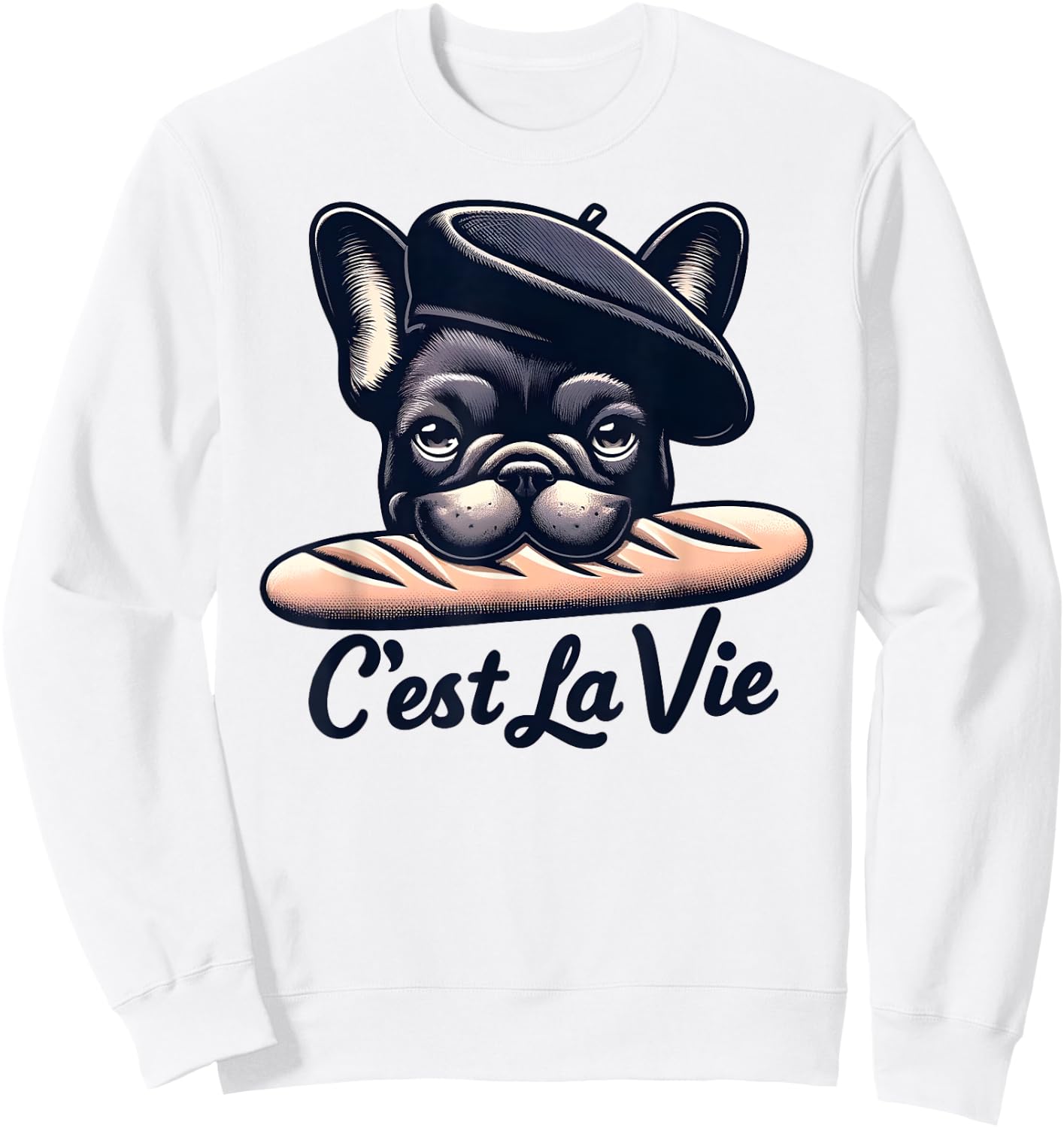 French Bulldog C'est La Vie Baguette Humour Beret Art , white, S Sweatshirt - Sweatshirt | White