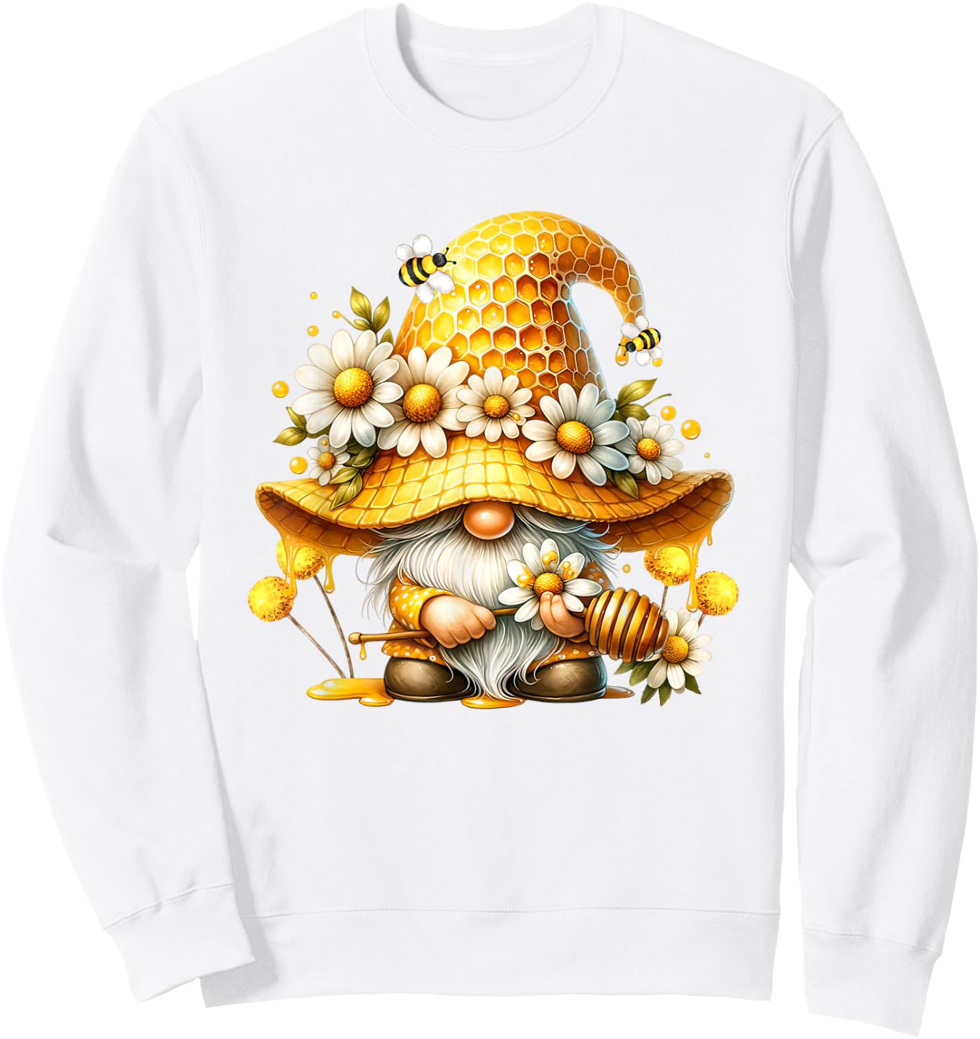 Unique Hippie Gnome Graphic With Daisy Flower And Honey Bees Sweatshirt - Sweatshirt | White