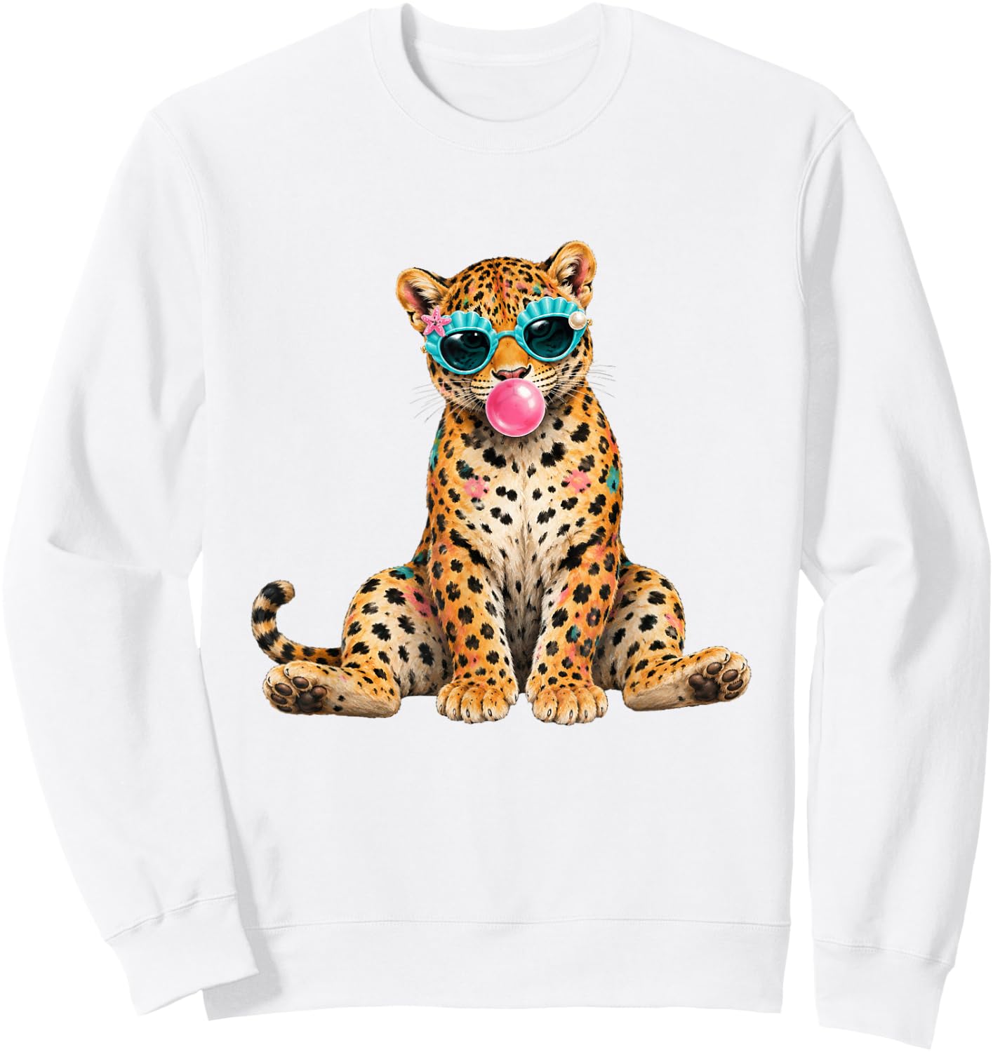 Summer Vibes Beach Vacation Leopard Blowing Bubble Gum Sweatshirt - Sweatshirt | White
