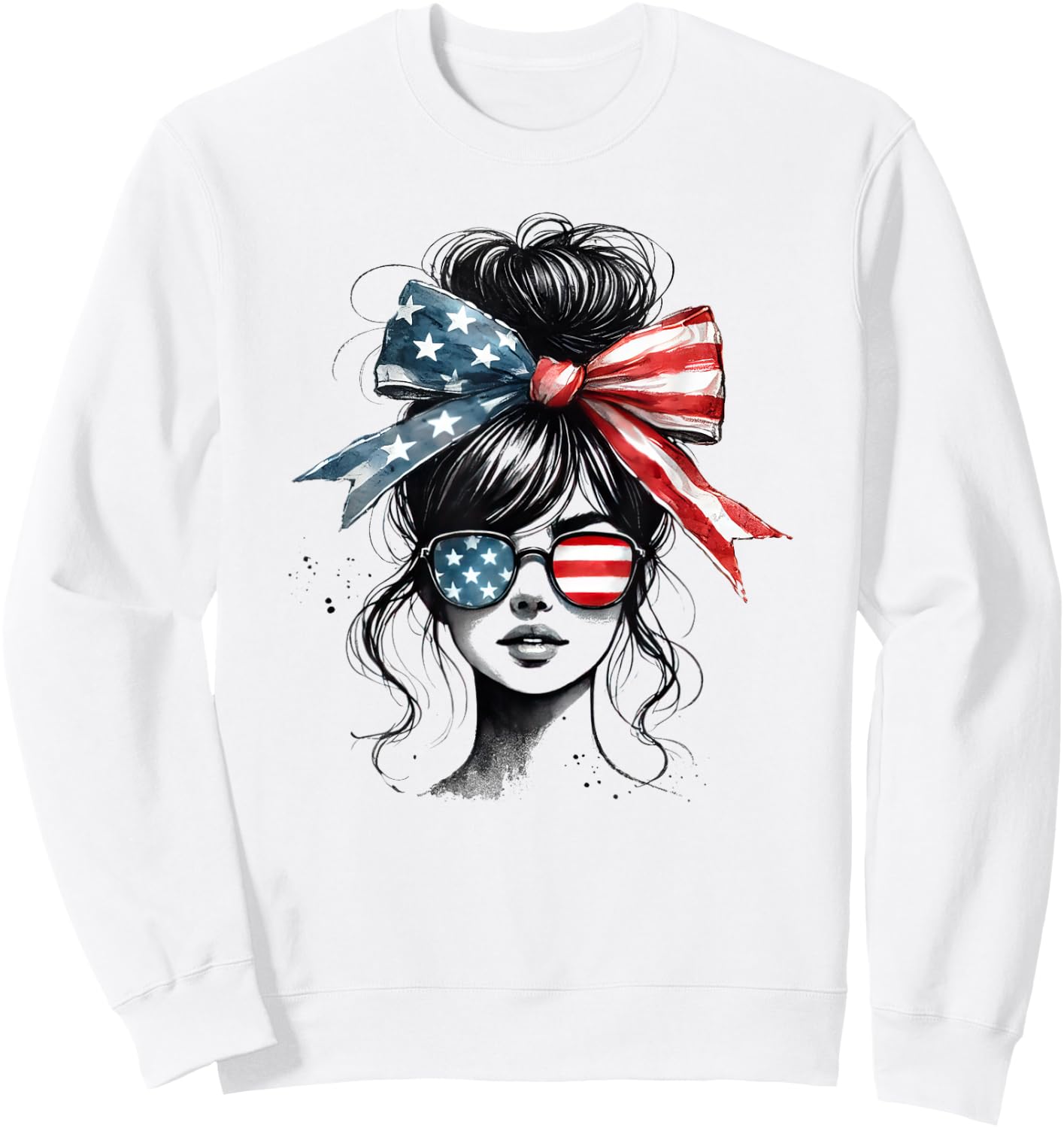 Messy Bun Girl Wearing Sunglasses American Flag Sweatshirt - Sweatshirt | White