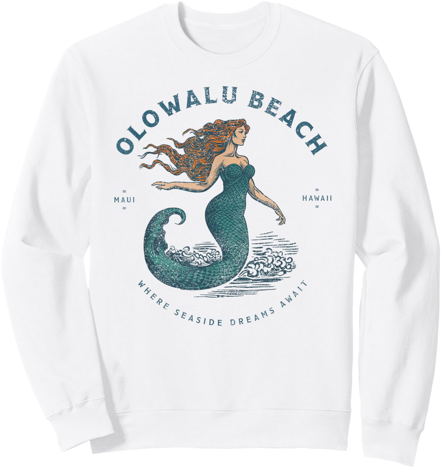Olowalu Beach Maui Hawaii Retro Vintage Mermaid Sweatshirt - Sweatshirt | White