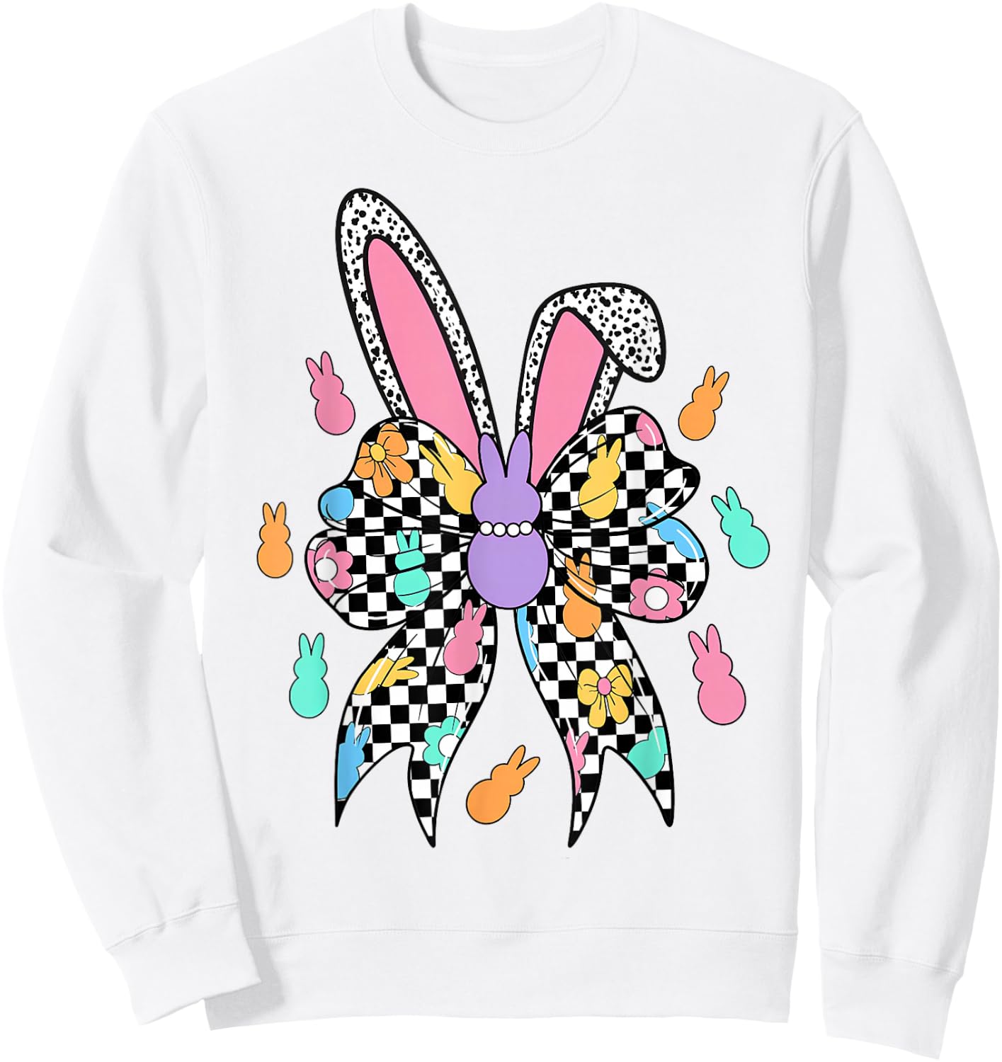Happy Easter Bunny Checkered Coquette Bow Ears Women Girl Sweatshirt - Sweatshirt | White