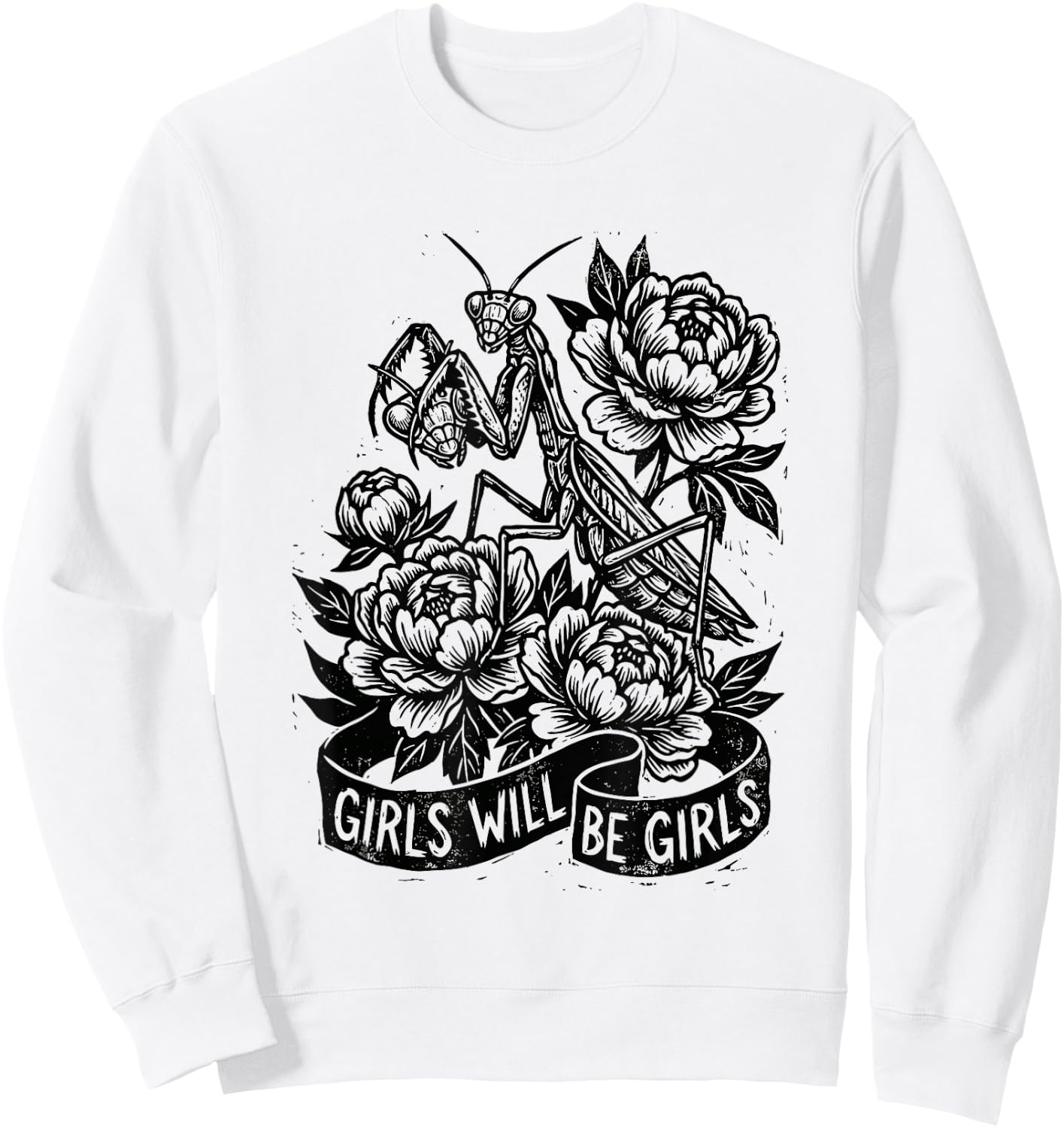 Girls Will Be Girls Praying Mantis Floral Grunge Sweatshirt - Sweatshirt | White