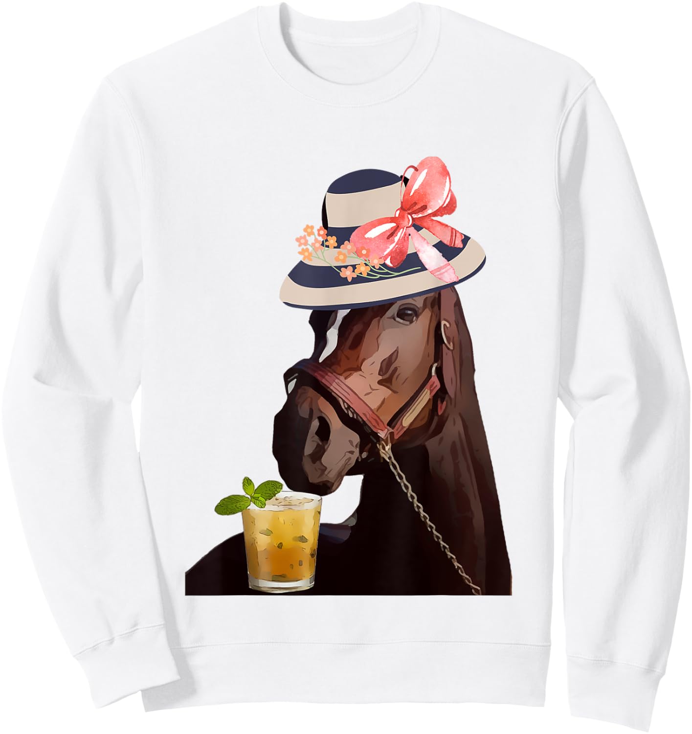 Funny Horse Derby Party Blue : Classic Fit Round Neck, Ruffle Sleeve Sweatshirt - Sweatshirt | White