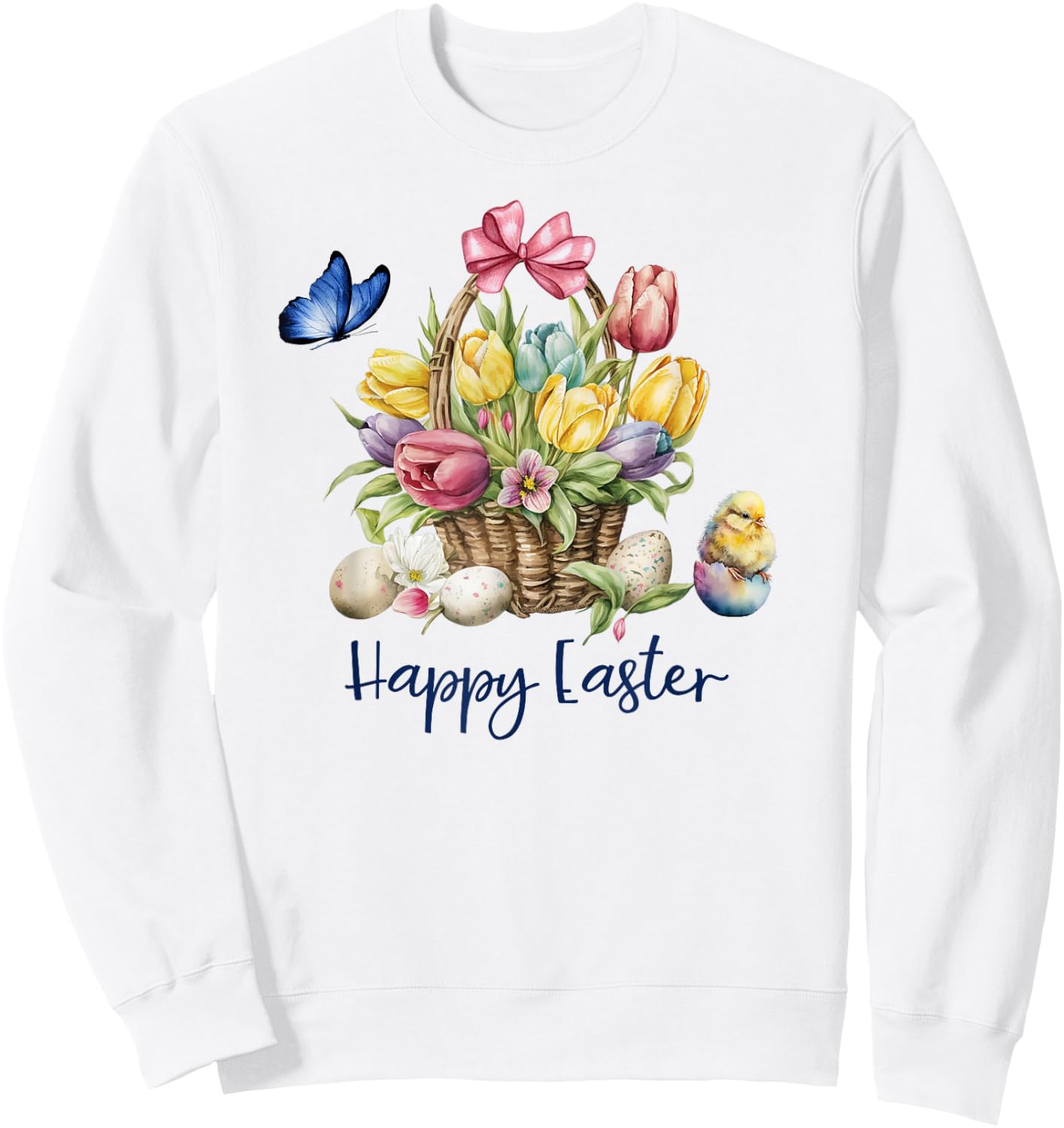 Happy Easter Flower Basket with Baby Chick Butterfly Easter Sweatshirt - Sweatshirt | White