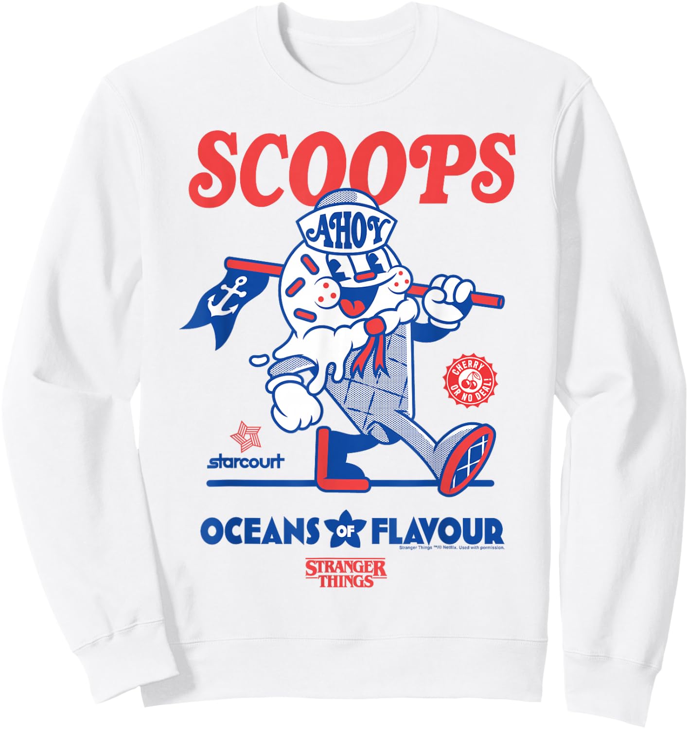 Stranger Things Scoops Ahoy Ice Cream Shop in Red/Blue , White Sweatshirt - Sweatshirt | White
