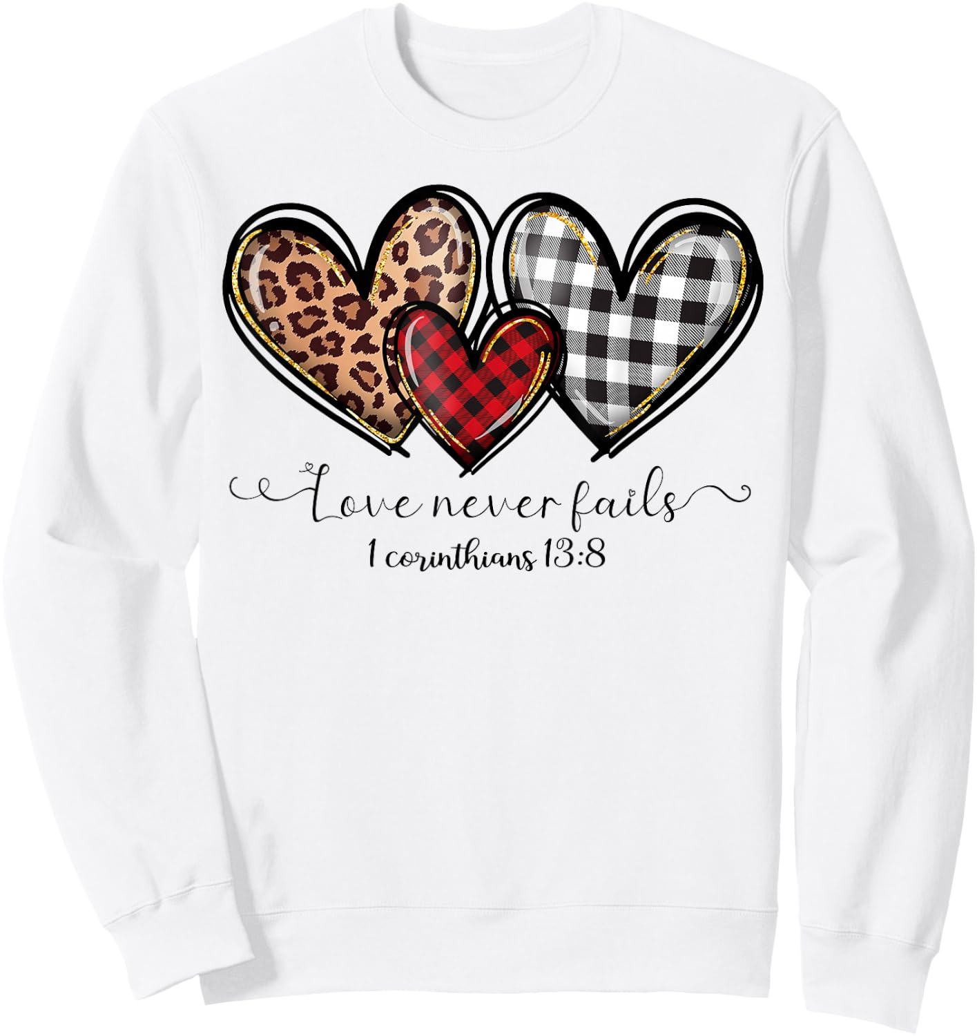 Love Never Fails Buffalo Leopard Red Plaid Print Heart Women Sweatshirt - Sweatshirt | White