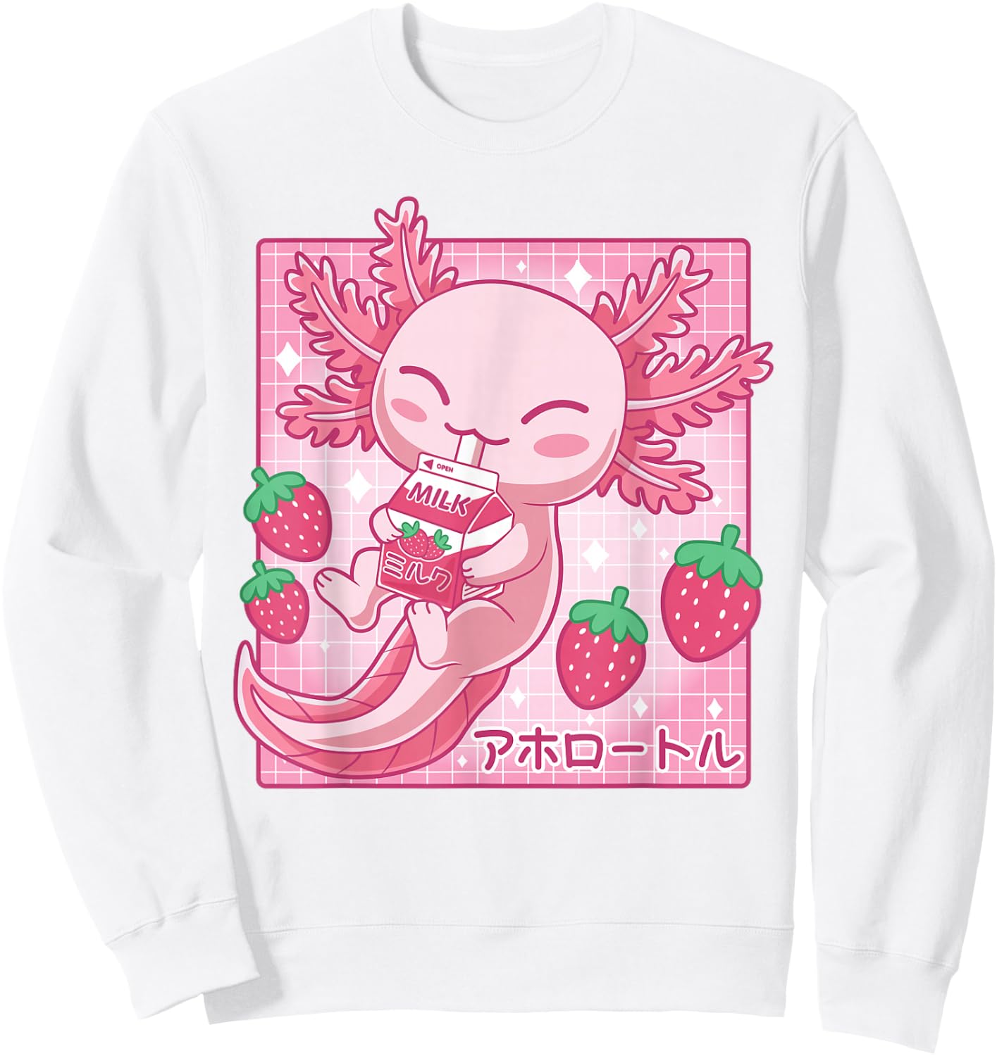 Kawaii Axolotl Strawberry Milk Shake Japanese Anime Pink Sweatshirt - Sweatshirt | White