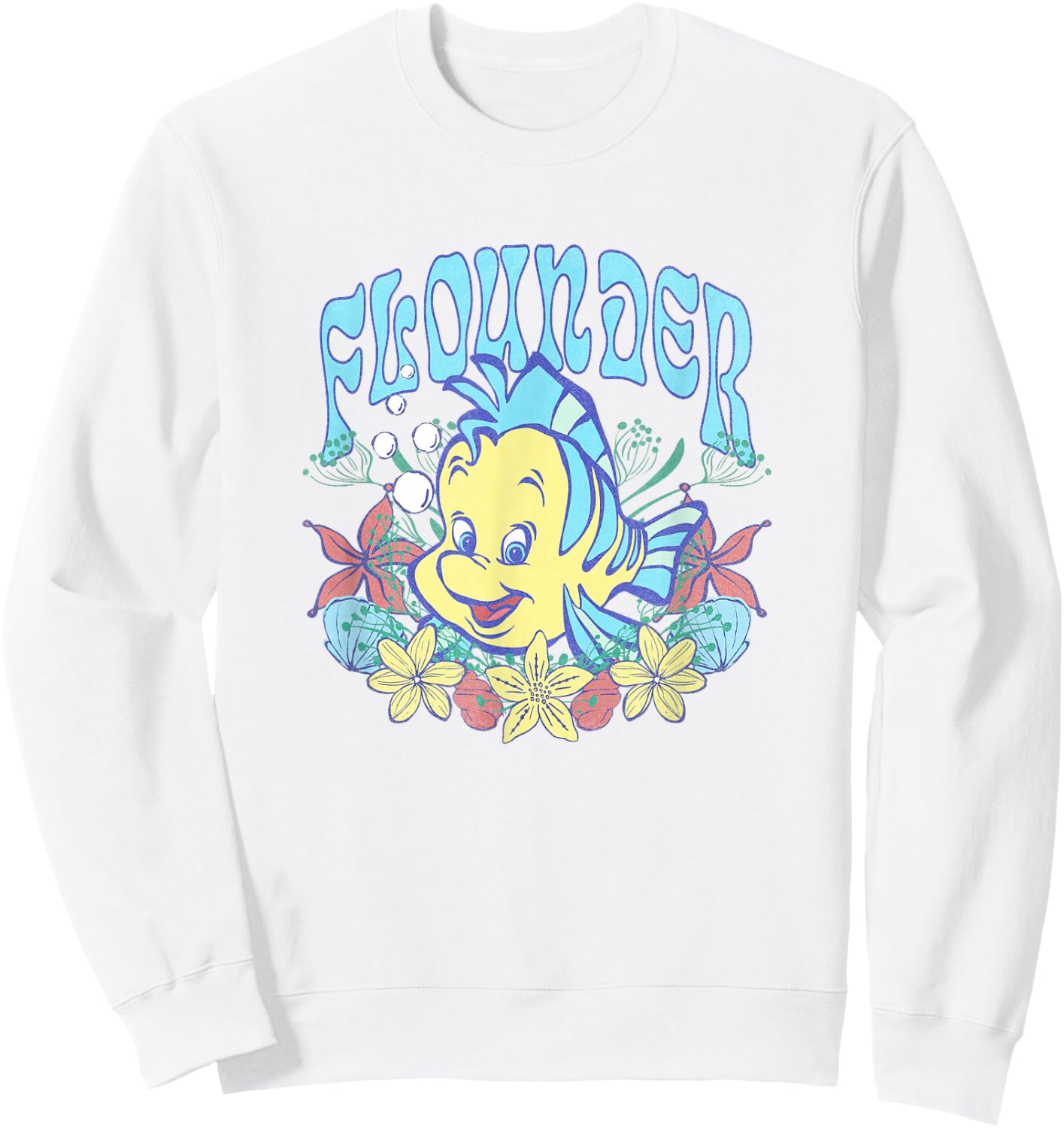 Disney The Little Mermaid Cute Flounder Floral Chest Poster Sweatshirt - Sweatshirt | White