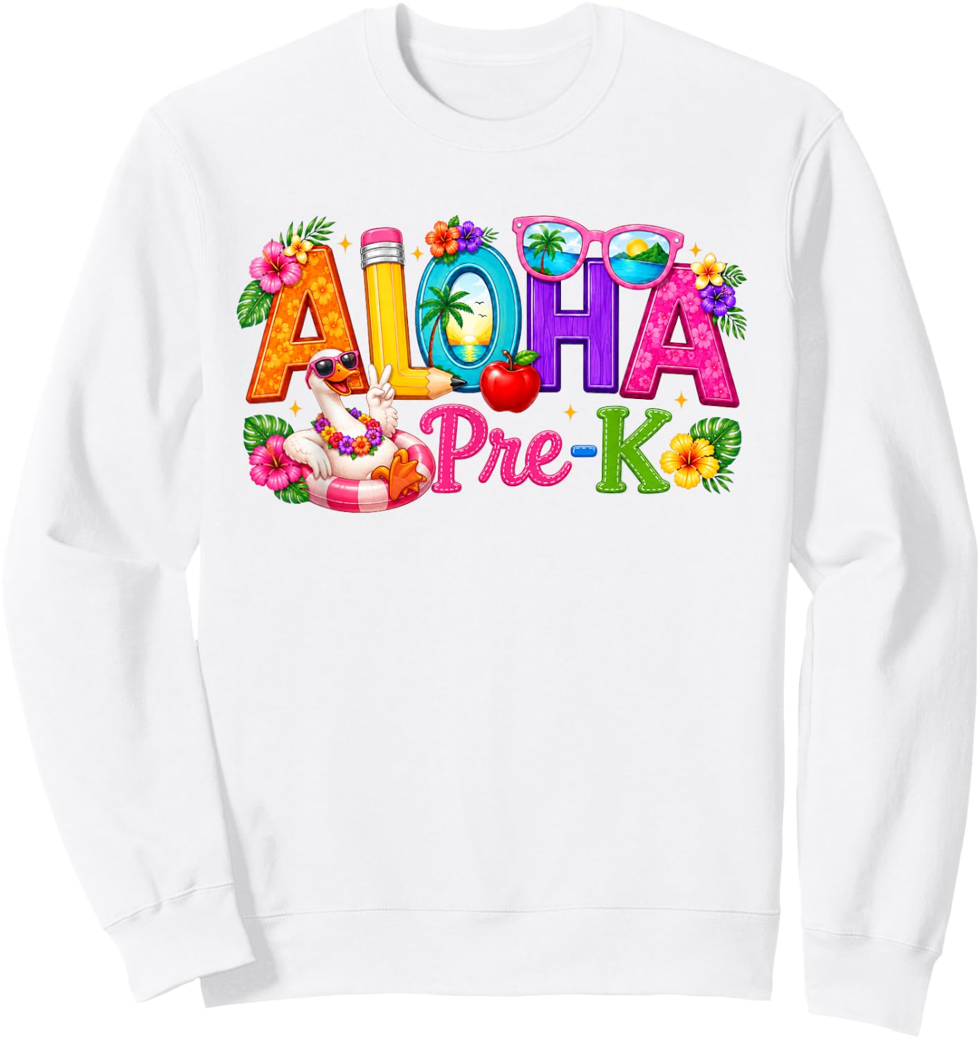 Aloha Pre-K Tropical Floral Beach Silly Goose Back to School Sweatshirt - Sweatshirt | White