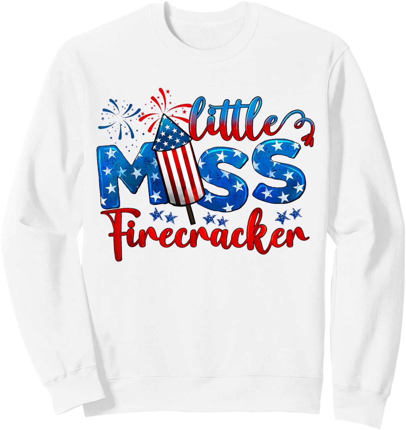 Little Miss Firecracker 4th of July American Flag Girls Kids Sweatshirt - Sweatshirt | White