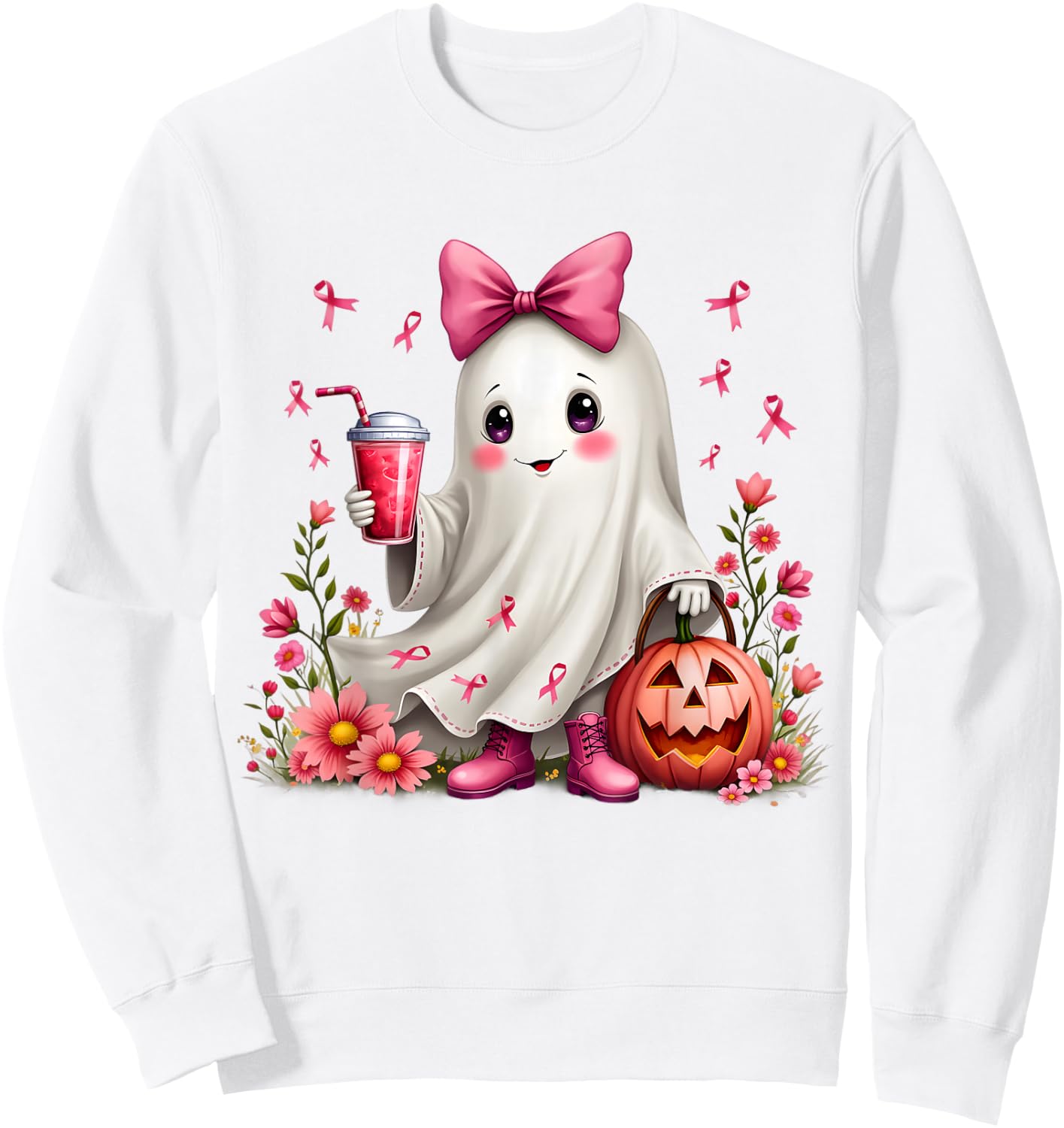 In October We Wear Pink Ghost Breast Cancer Awareness Sweatshirt - Sweatshirt | White