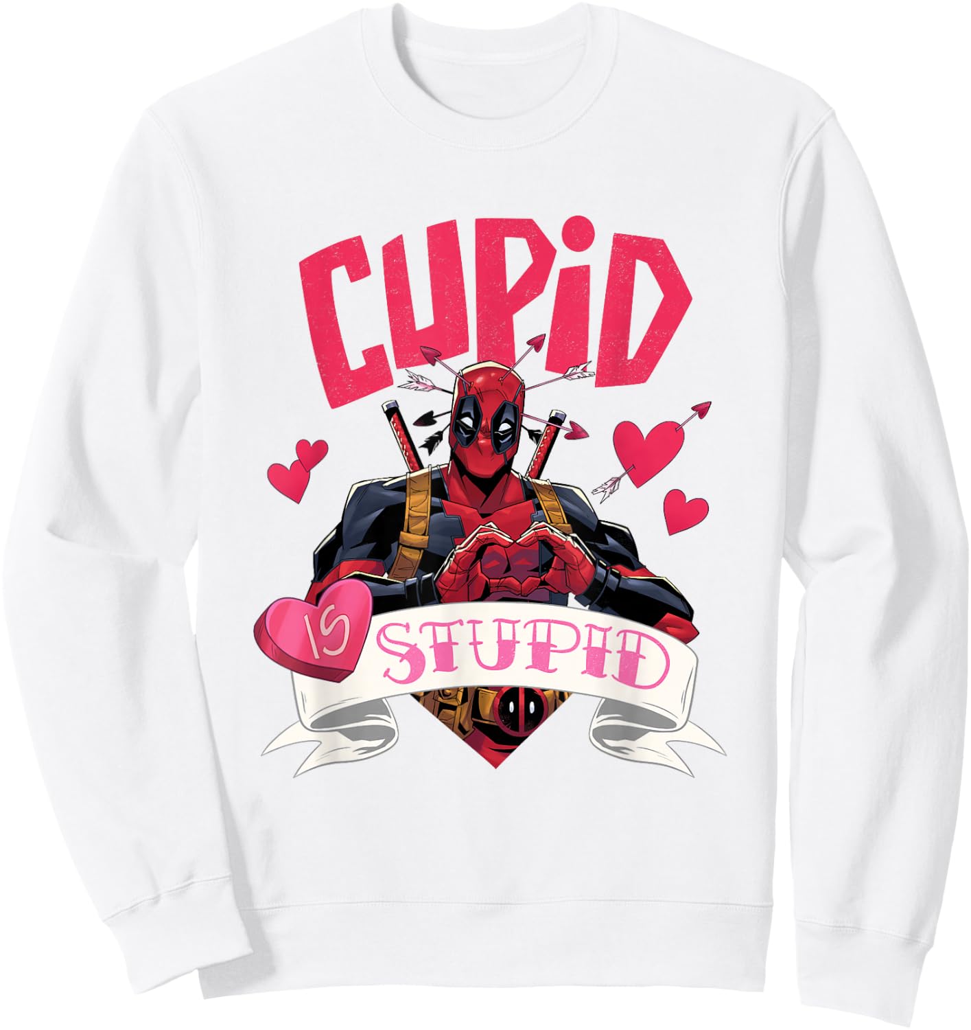 Marvel Deadpool Valentine's Day Cupid Is Stupid Chest Logo Sweatshirt - Sweatshirt | White