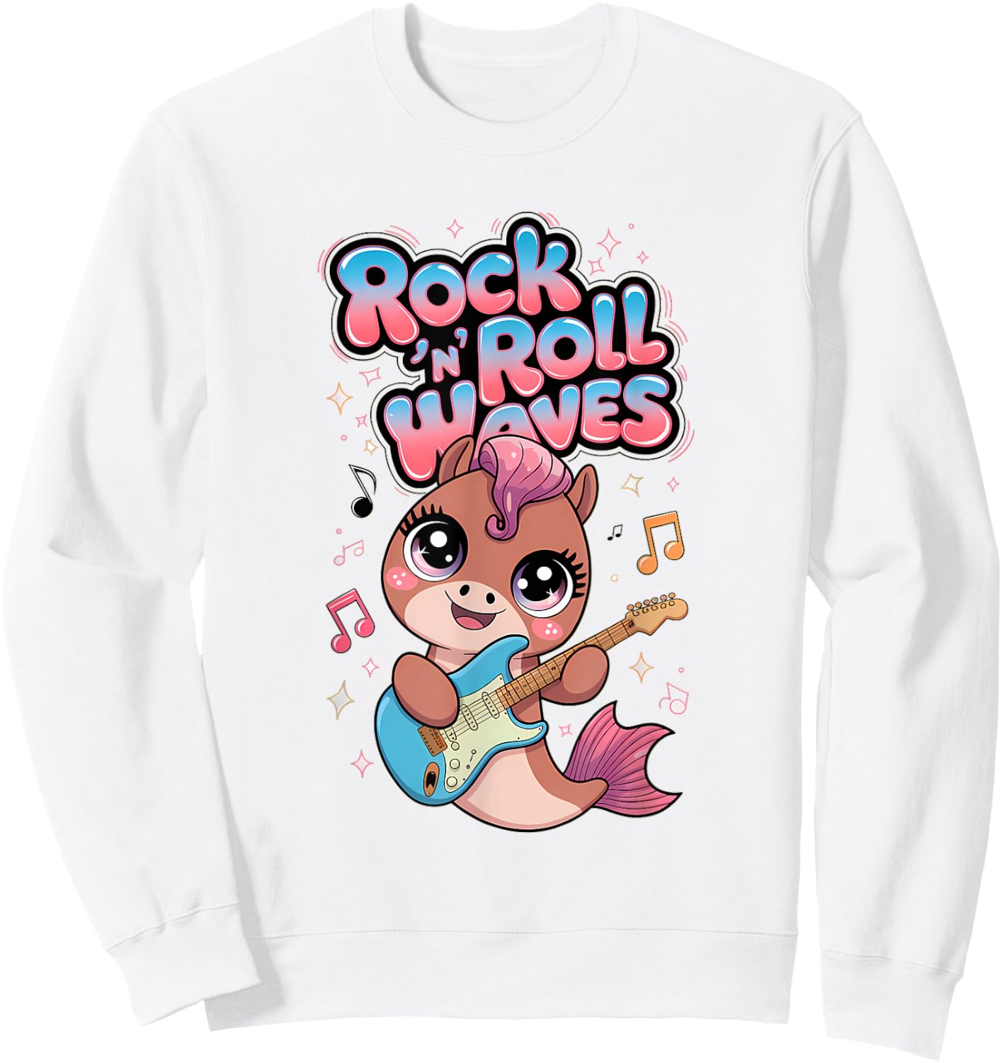 Kawaii Rock 'n Roll Waves Musical Sea Horse Design Sweatshirt - Sweatshirt | White