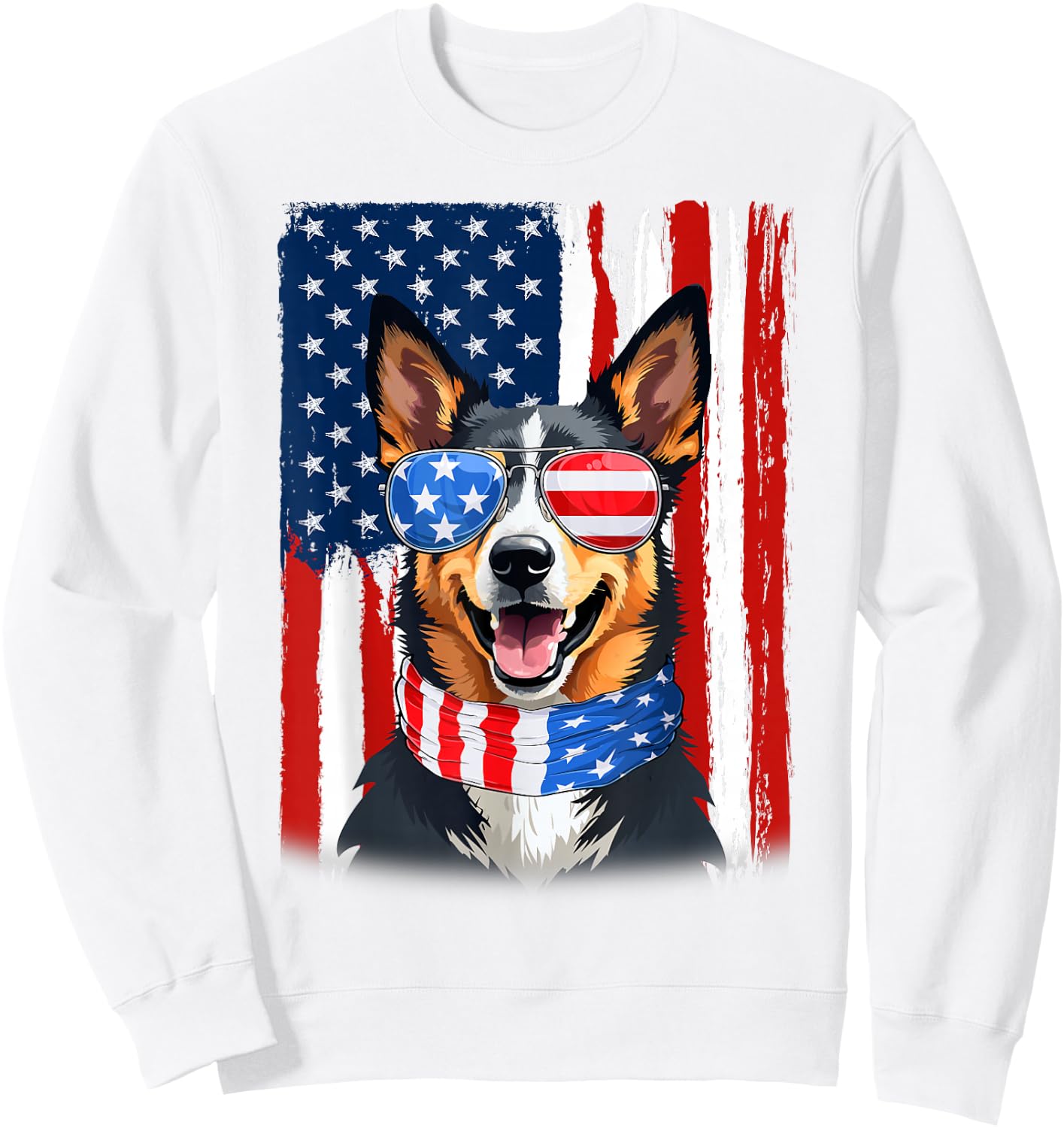 USA America Flag Blue Heeler Dog 4th of July Patriotic Sweatshirt - Sweatshirt | White