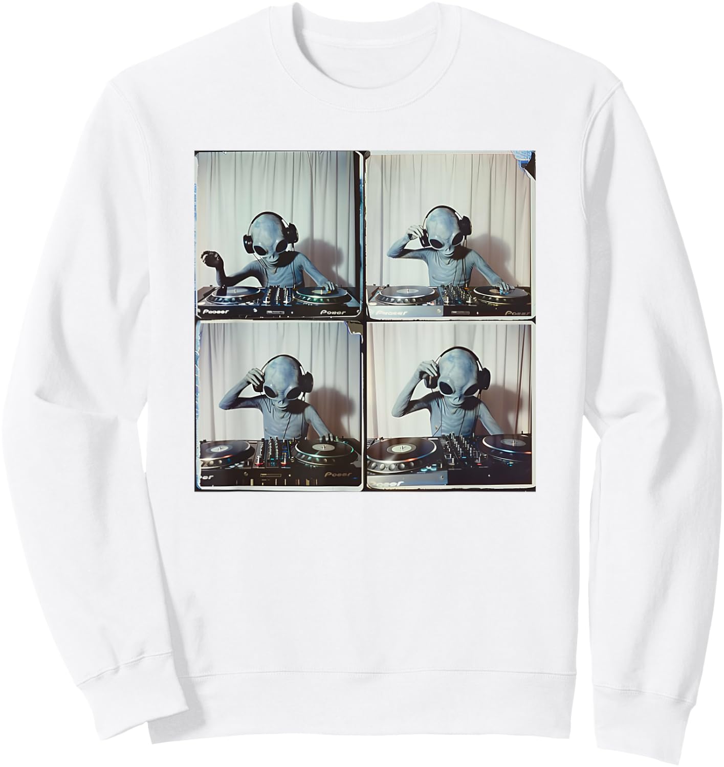 DJ Alien Dropping Beats UFO Vinyl Music Grey Alien Graphic Sweatshirt - Sweatshirt | White
