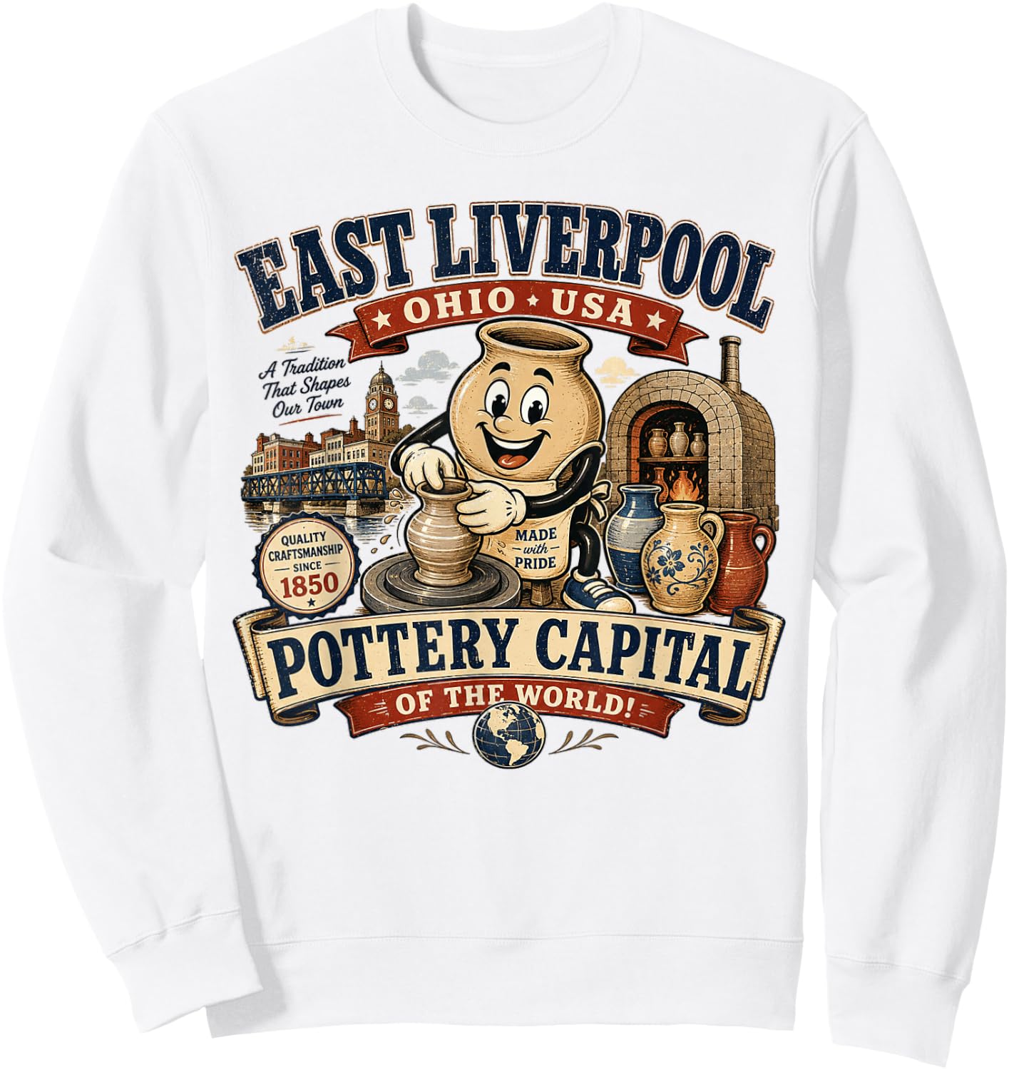 East Liverpool Ohio - Pottery Capital of the World - Vintage Sweatshirt - Sweatshirt | White