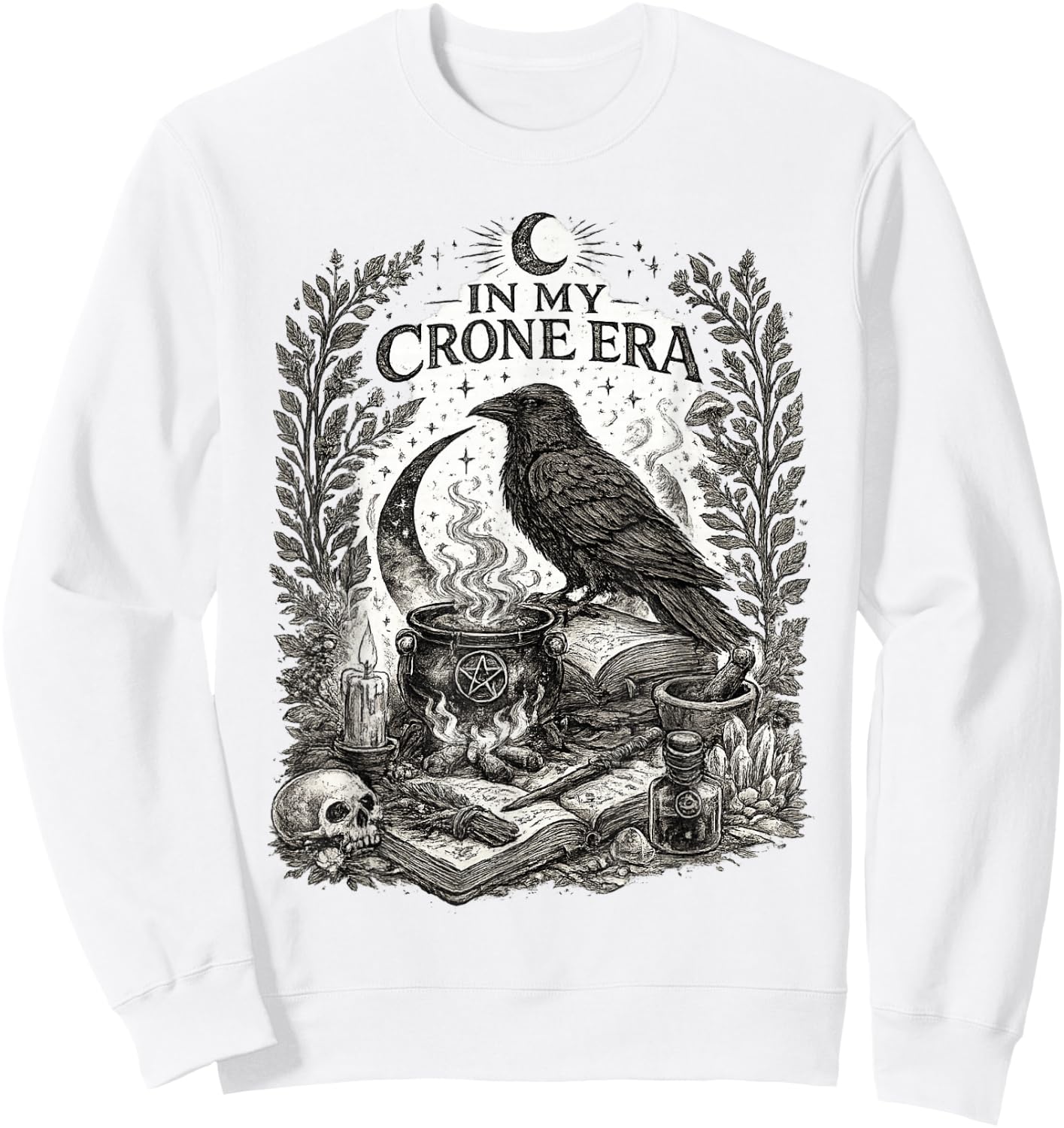 in My Crone Era Witchy Raven Cauldron Goth Witch Sweatshirt - Sweatshirt | White