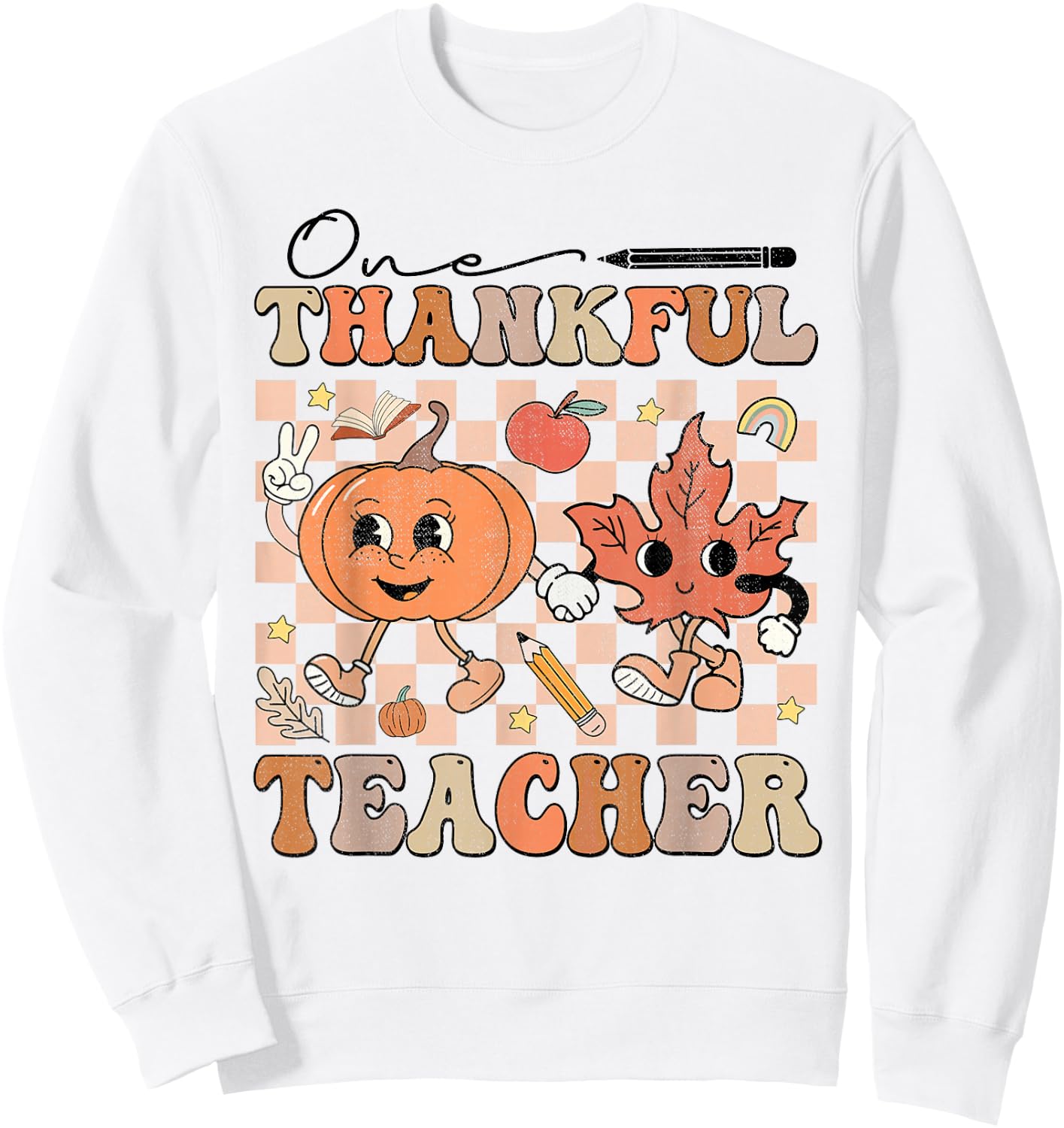 One Thankful Teacher Thanksgiving Groovy Fall Autumn Teacher Sweatshirt - Sweatshirt | White