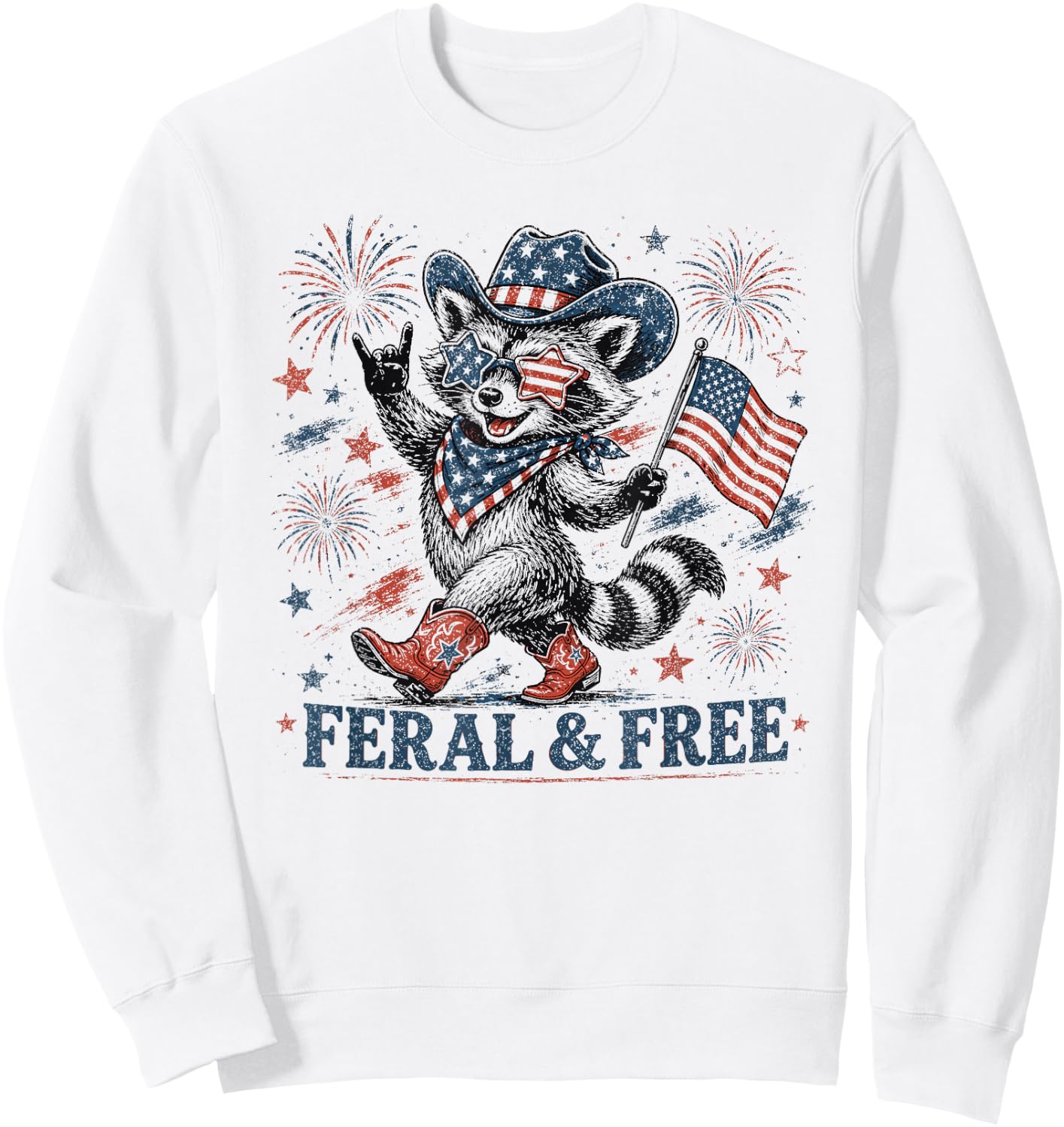 4th of July Feral and Free Patriotic Raccoon Cowboy Sweatshirt - Sweatshirt | White